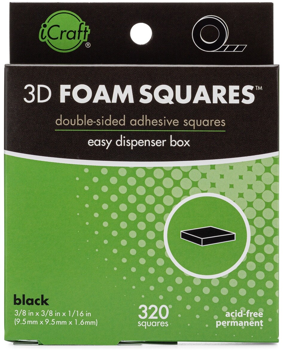 Icraft 3D Foam Squares W/Dispenser Box-Black .375&#x22; 320/Pkg