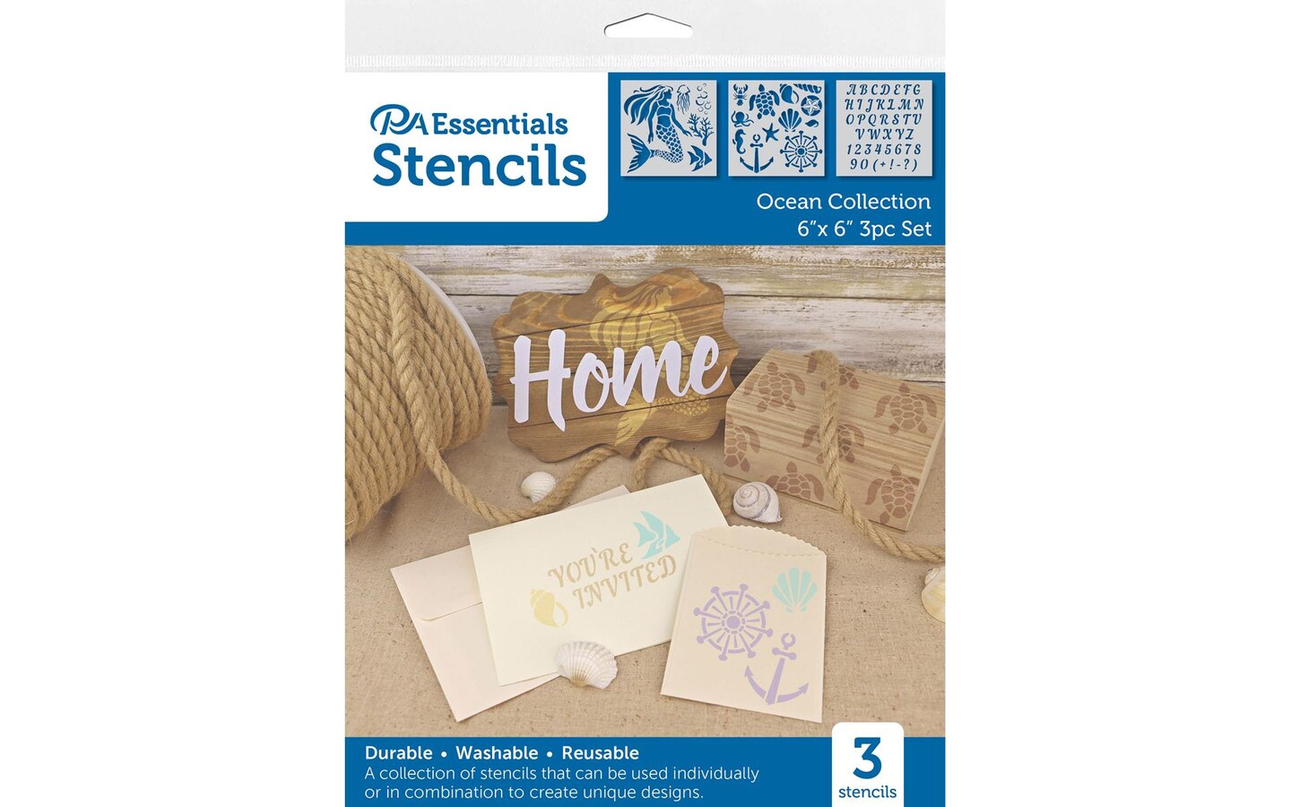PA Essentials Stencil Ocean Collection, 3 piece, for Painting on Wood, Canvas, Paper, Fabric, Wall and Tile, Reusable DIY Art and Craft Stencils for Painting, 6&#x22;x6&#x22; Inches
