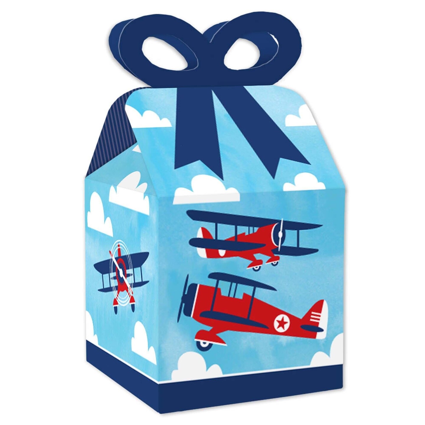 Big Dot of Happiness Taking Flight - Airplane - Square Favor Gift Boxes - Vintage Plane Baby Shower or Birthday Party Bow Boxes - Set of 12