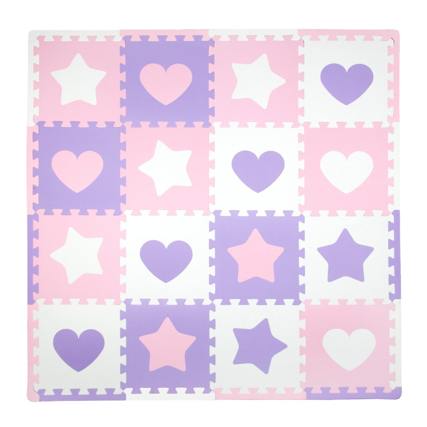Tadpoles Hearts and Stars Foam Playmats for Kids, 16 Interlocking Foam Tiles, Waterproof, Durable, and Long-lasting | Total Floor Coverage 50&#x201D; x 50&#x201D; | For Ages 3 and Up | Pink, Purple, and White