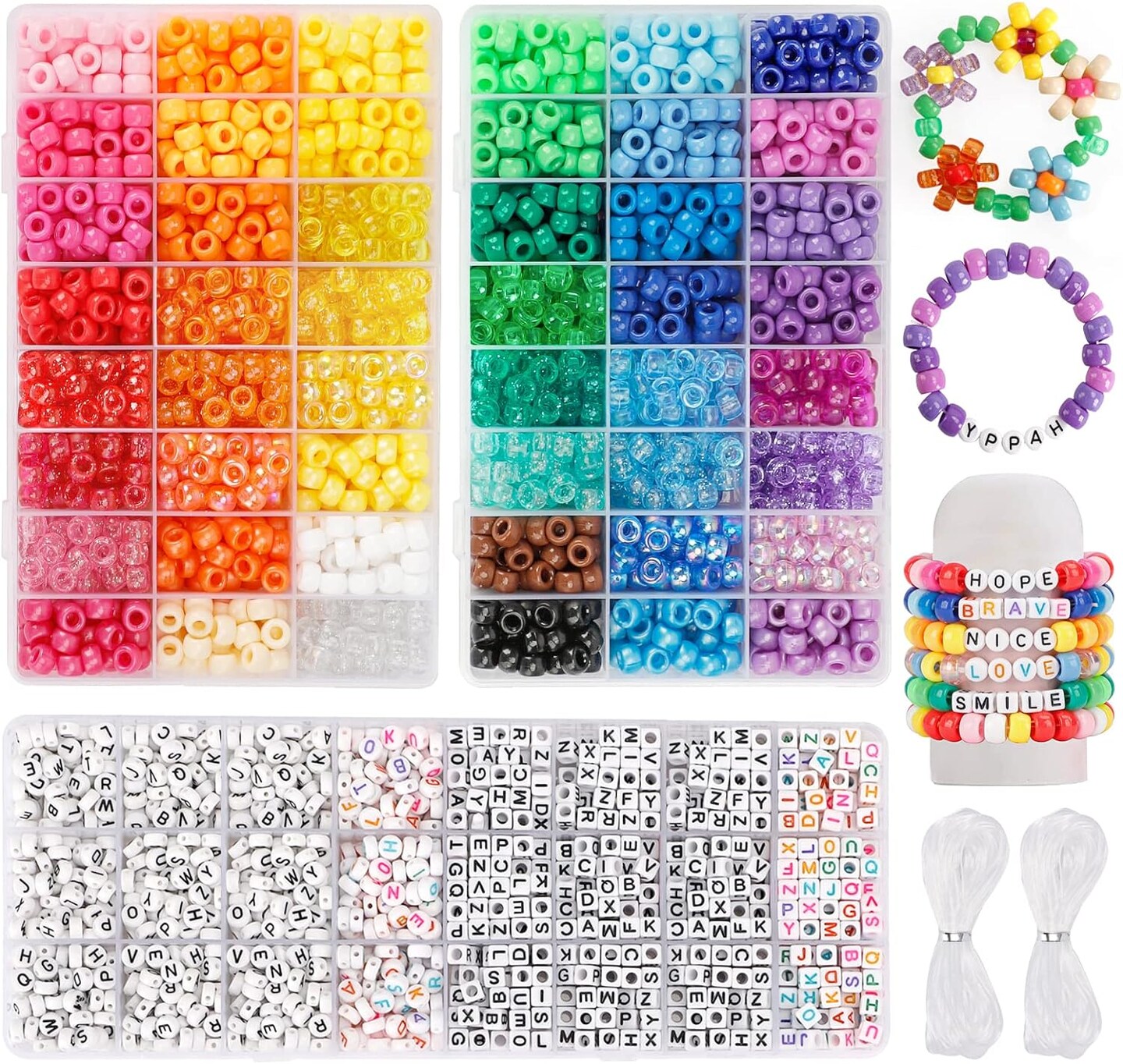 3960pcs Pony Beads for Friendship Bracelet Making Kit 48 Colors Kandi Beads Set, 2400pcs Plastic Rainbow Bulk and 1560pcs Letter Beads with 20 Meter Elastic Threads for Craft Jewelry Necklace