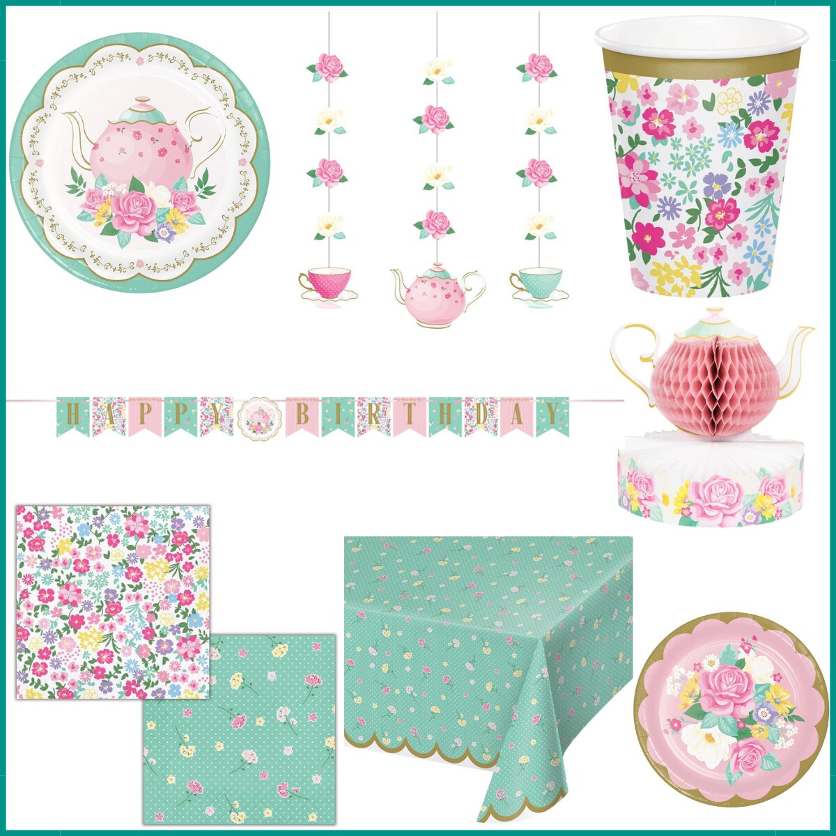 Floral Tea Party Birthday Kit for 8 (46 Total Items)