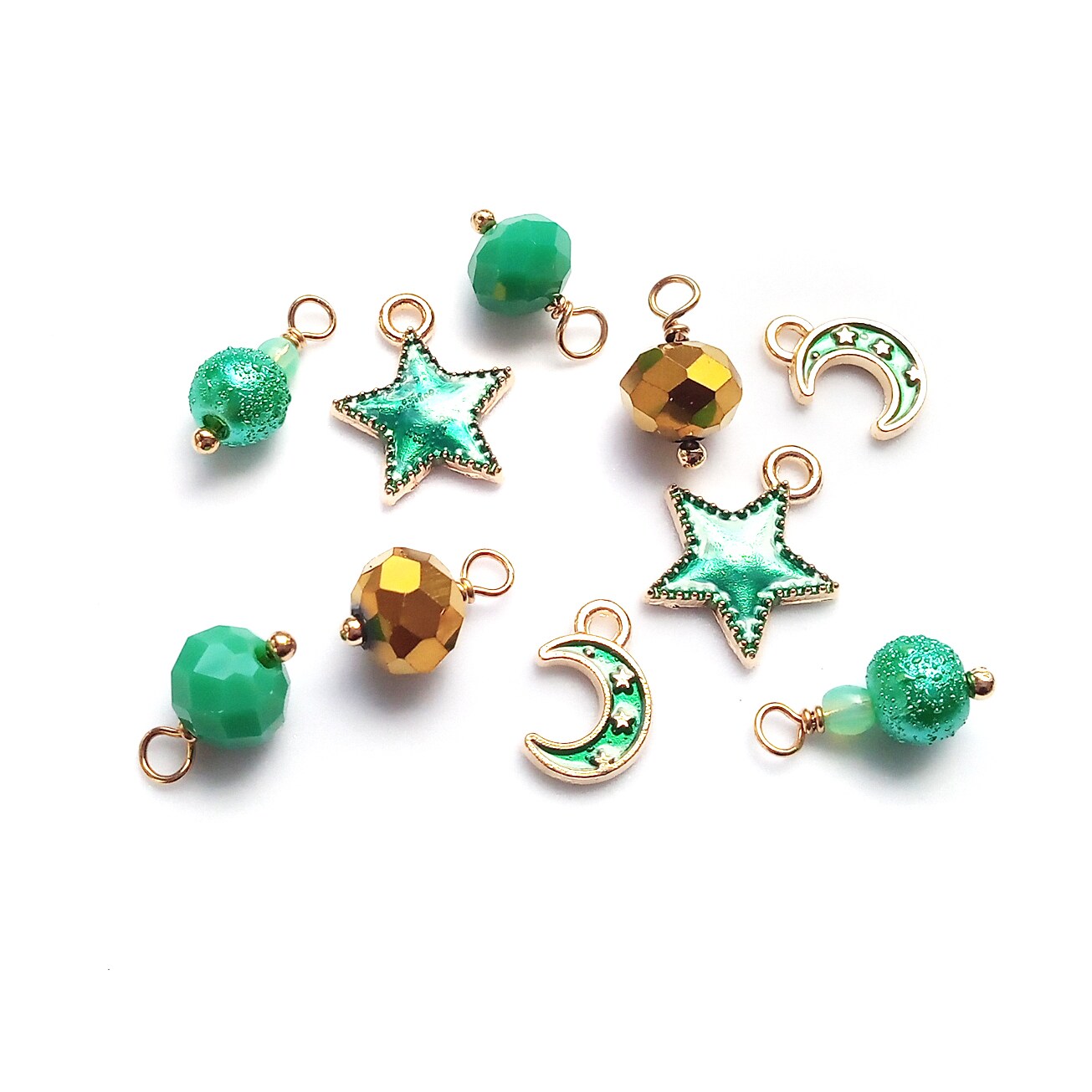 Stars & Moons Charms Set, 12 pcs, Light Green Aqua Glass Bead Dangles, Adorabilities