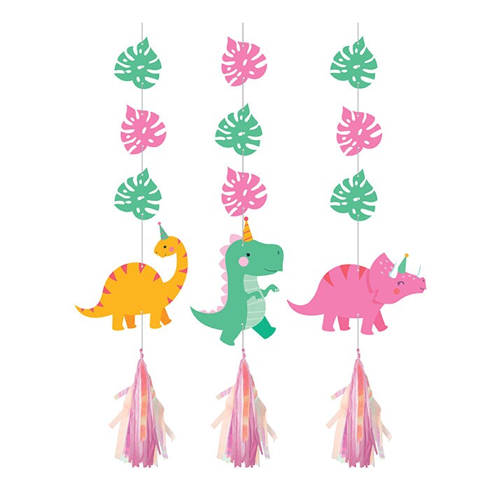 Girl Dino Party Hanging Cutouts W/ Tassles, Iridescent 3ct