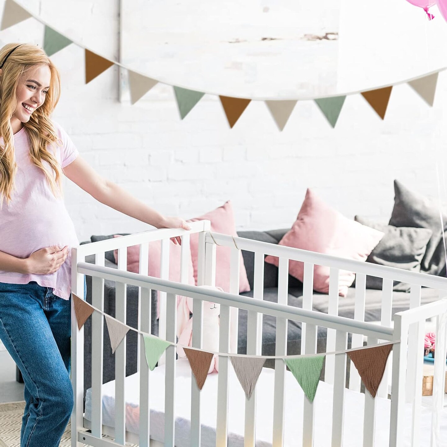 17 ft Pennant Banner Flags, 2 Pcs Nursery Garland Triangle Bunting Flag Baby Banner for Nursery Decor Baby Birthday Boho Wedding Shower Party Event, Each 8.5 ft(Retro Color)