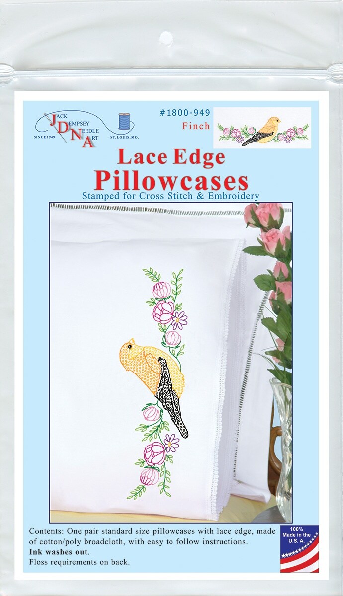 Jack Dempsey Stamped Pillowcases W/White Lace Edge 2/Pkg-Finch