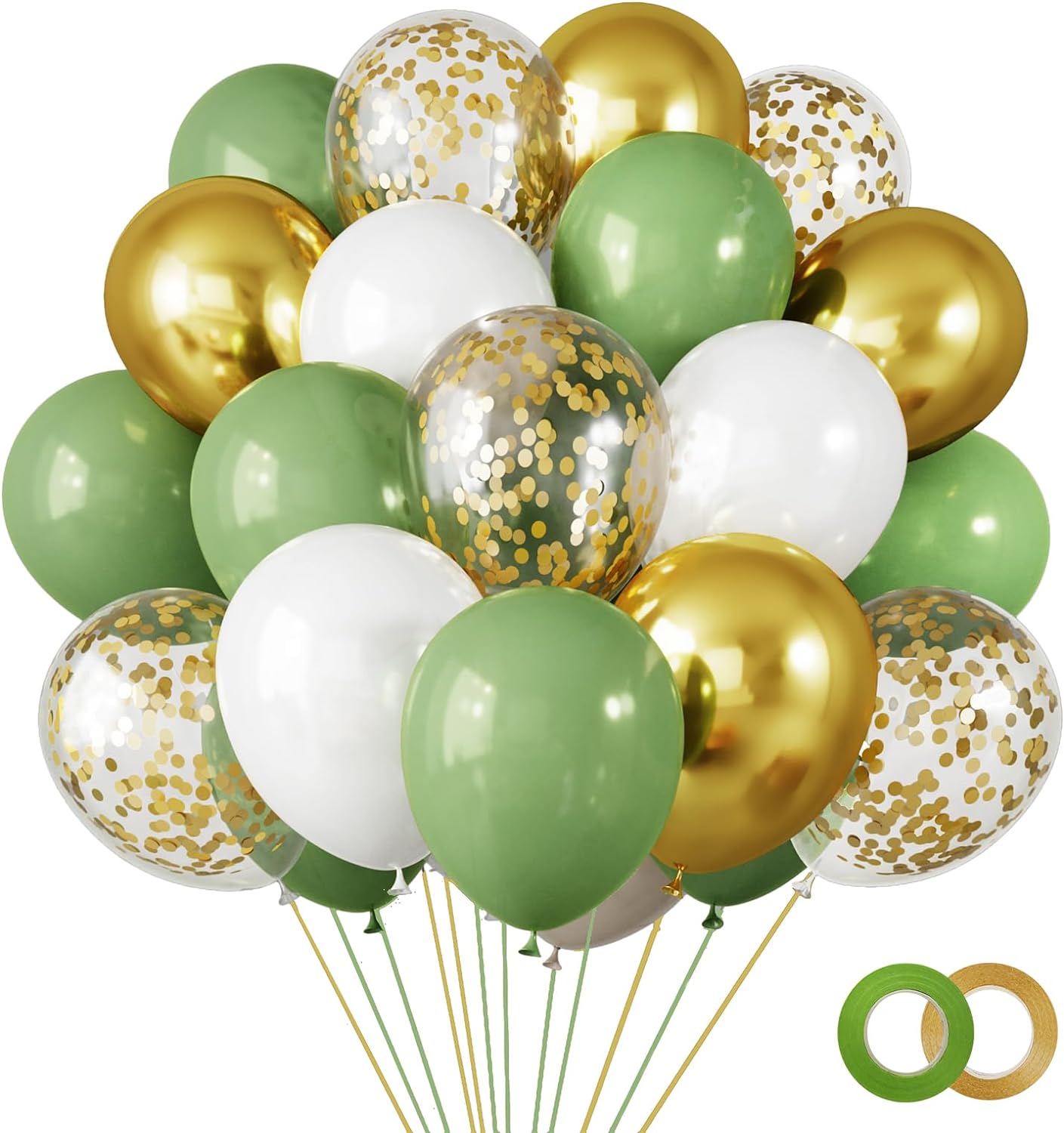 65Pcs 12 Inches Sage Green Gold Confetti Balloons Kit, Green White Metallic Gold Party Balloons with Ribbons for Birthday, Wedding, Baby Shower, Graduation, Eucalyptus Party Decorations