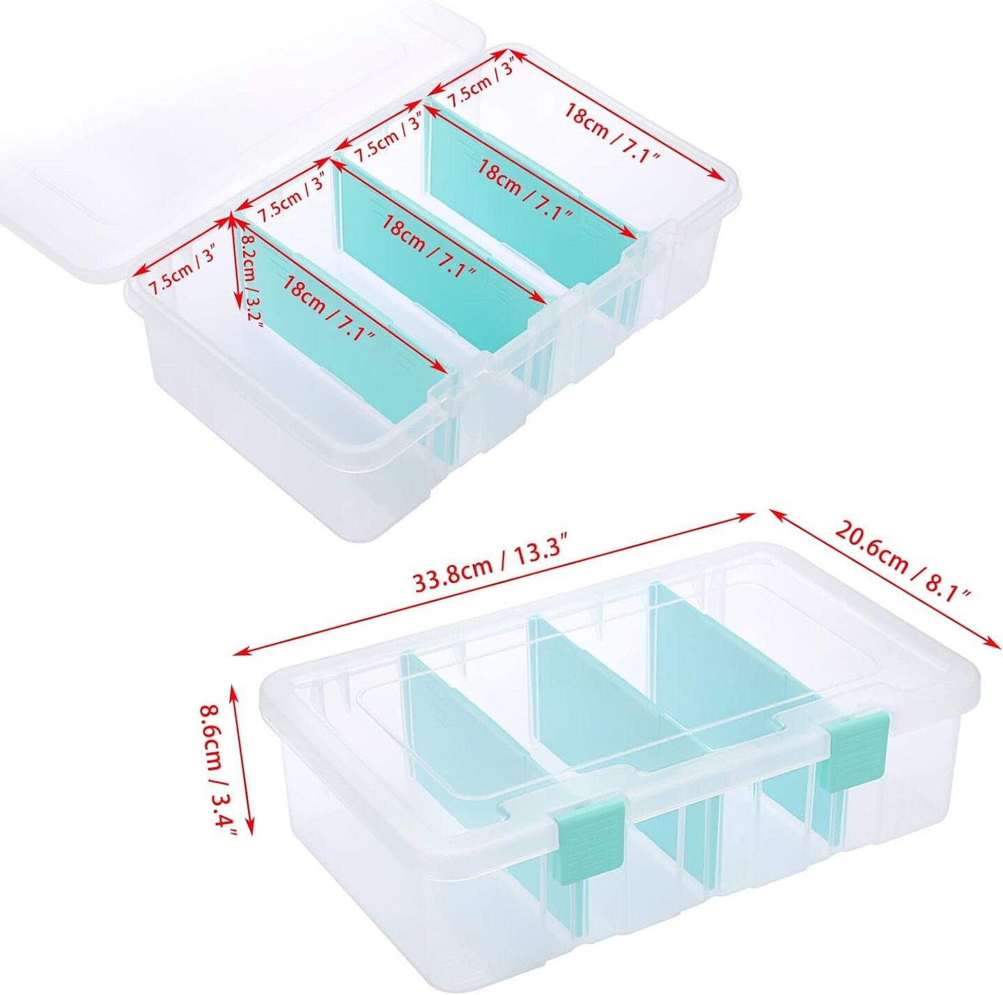 Clear Plastic Dividing Storage Box with 4 Compartments Adjustable Storage Bin with Lid Plastic Craft Storage Container Multipurpose Sewing Box Art Supply Organizer, 13.3x8.1x3.4 Inches