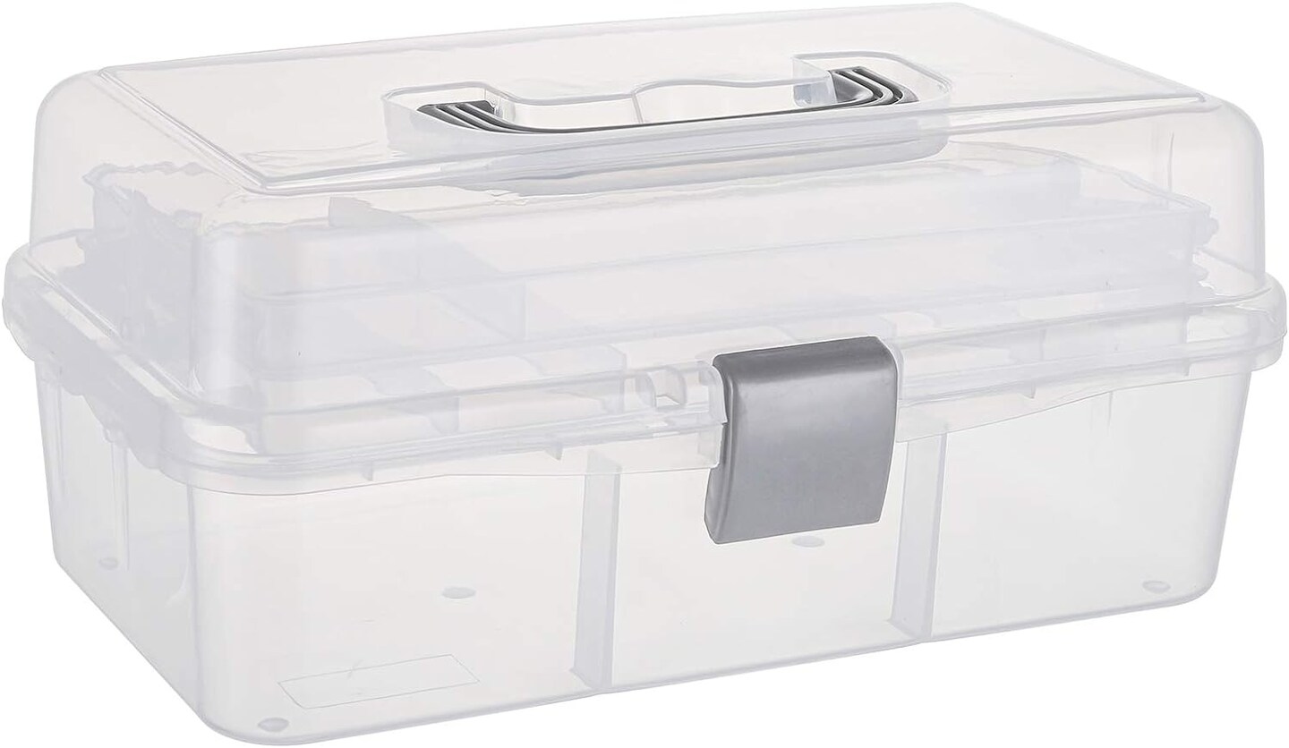 12-Inch 3 Layers Plastic Craft Organizer Box Storage Container First Aid Carrying Case for Sewing, Painting, Arts - Clear
