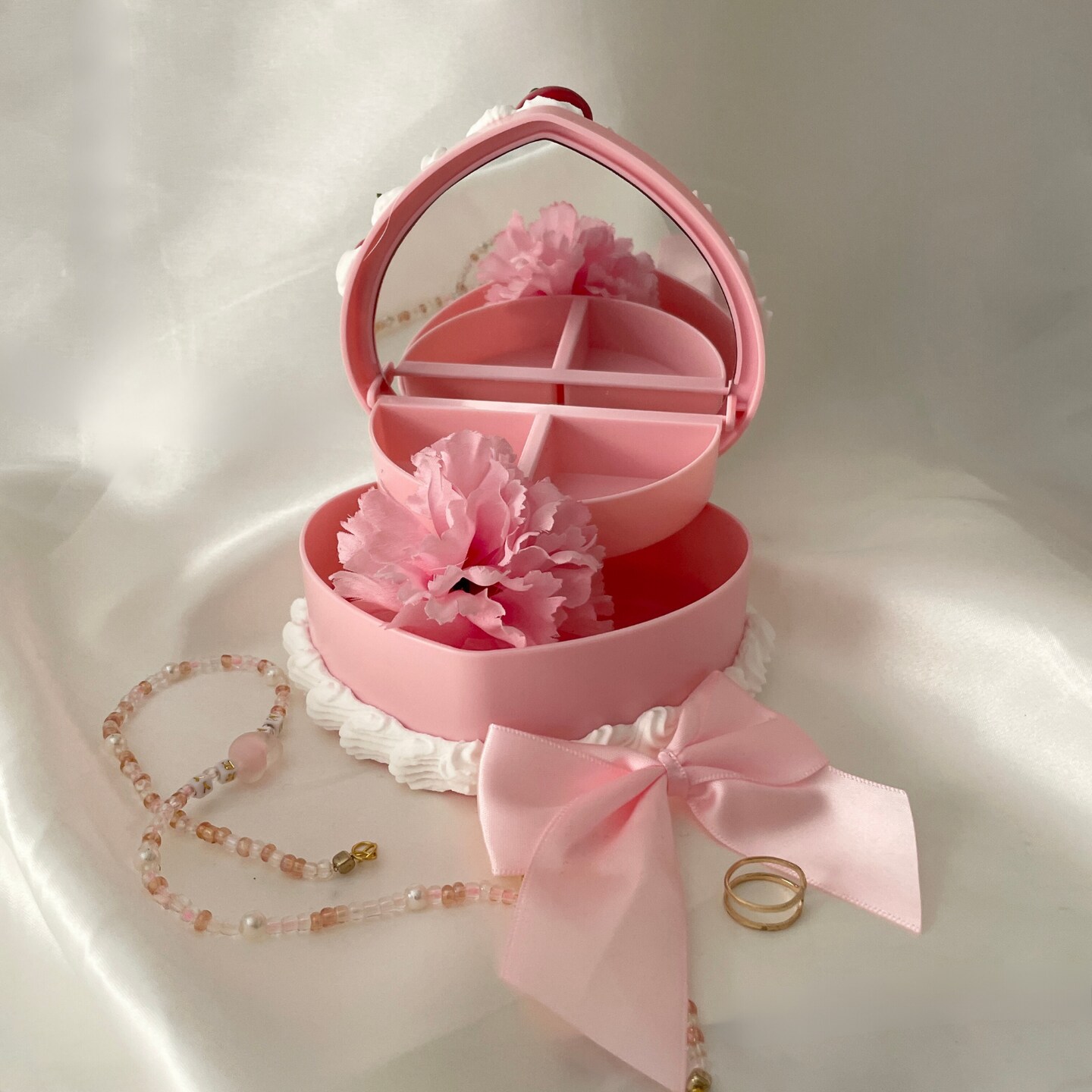Vintage Cherry Heart Decor Box With Mirror - Unique Decor Fake