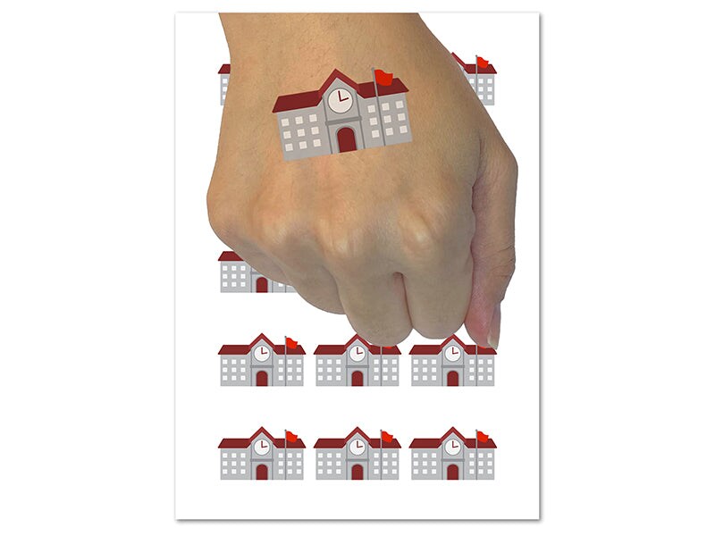 School Building Icon Temporary Tattoo Water Resistant Fake Body Art Set Collection (1 Sheet)
