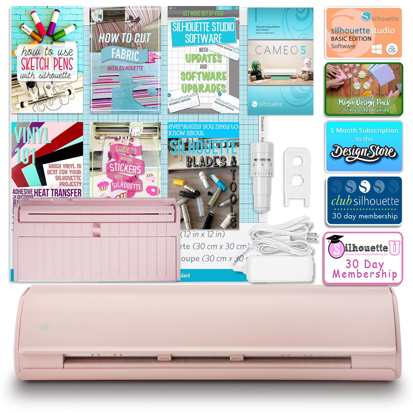 Silhouette Pink Cameo 5 w/ Deluxe Blade &#x26; Tool Pack, Mat Pack, Guides, Designs