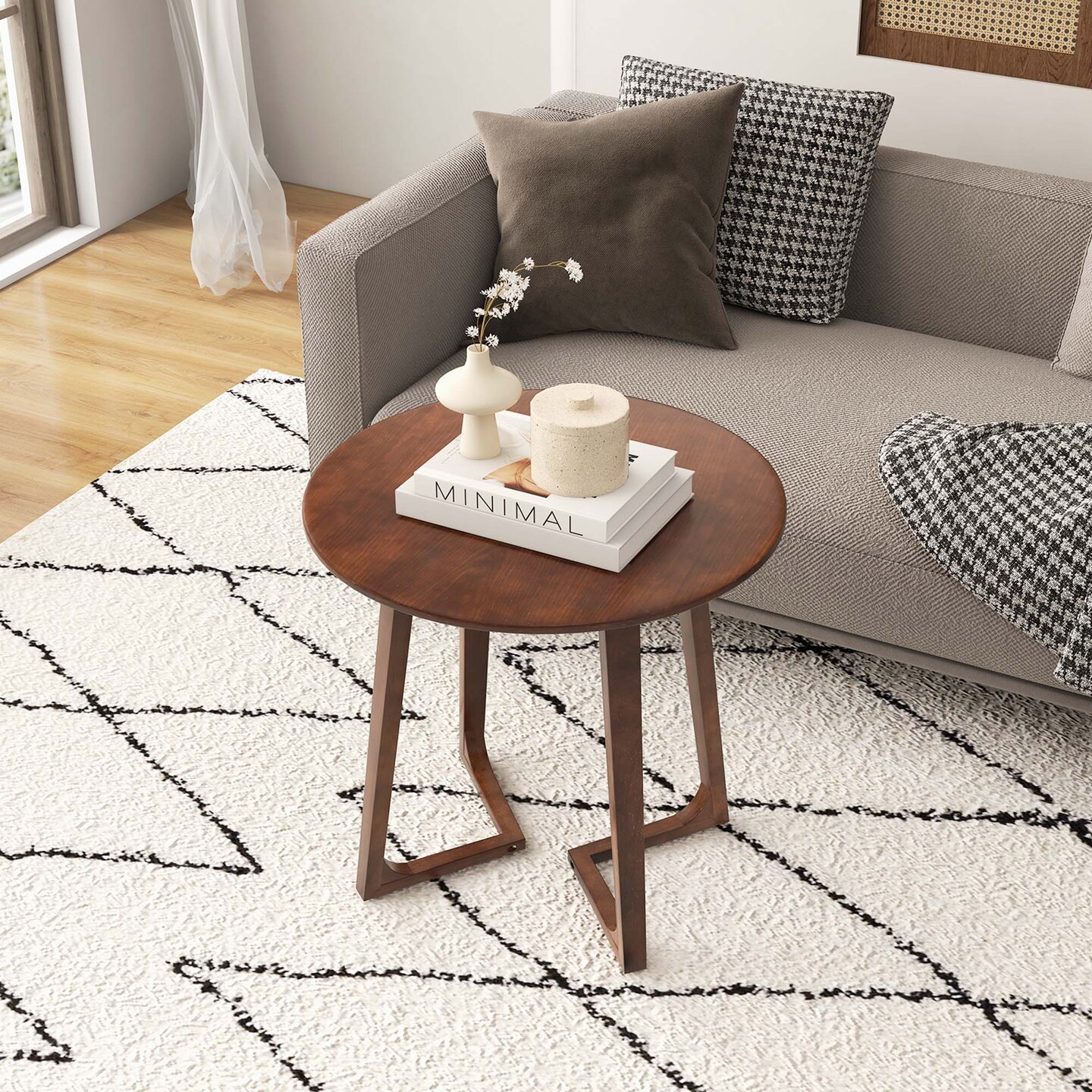 Costway 24&#x22; Round Side Table Solid Rubber Wood End Table Beside Sofa&#x26;Bed for Small Space Brown/Natural