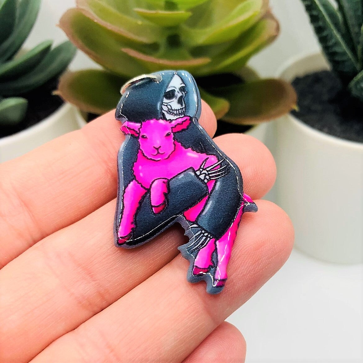 1, 4 or 20 Pieces: Pink Goth Grim Reaper Death with Lamb Charms - Double Sided