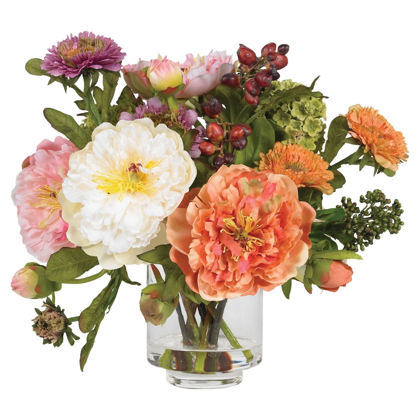 10&#x201D; Mixed Artificial Peony Arrangement in Clear Glass Vase