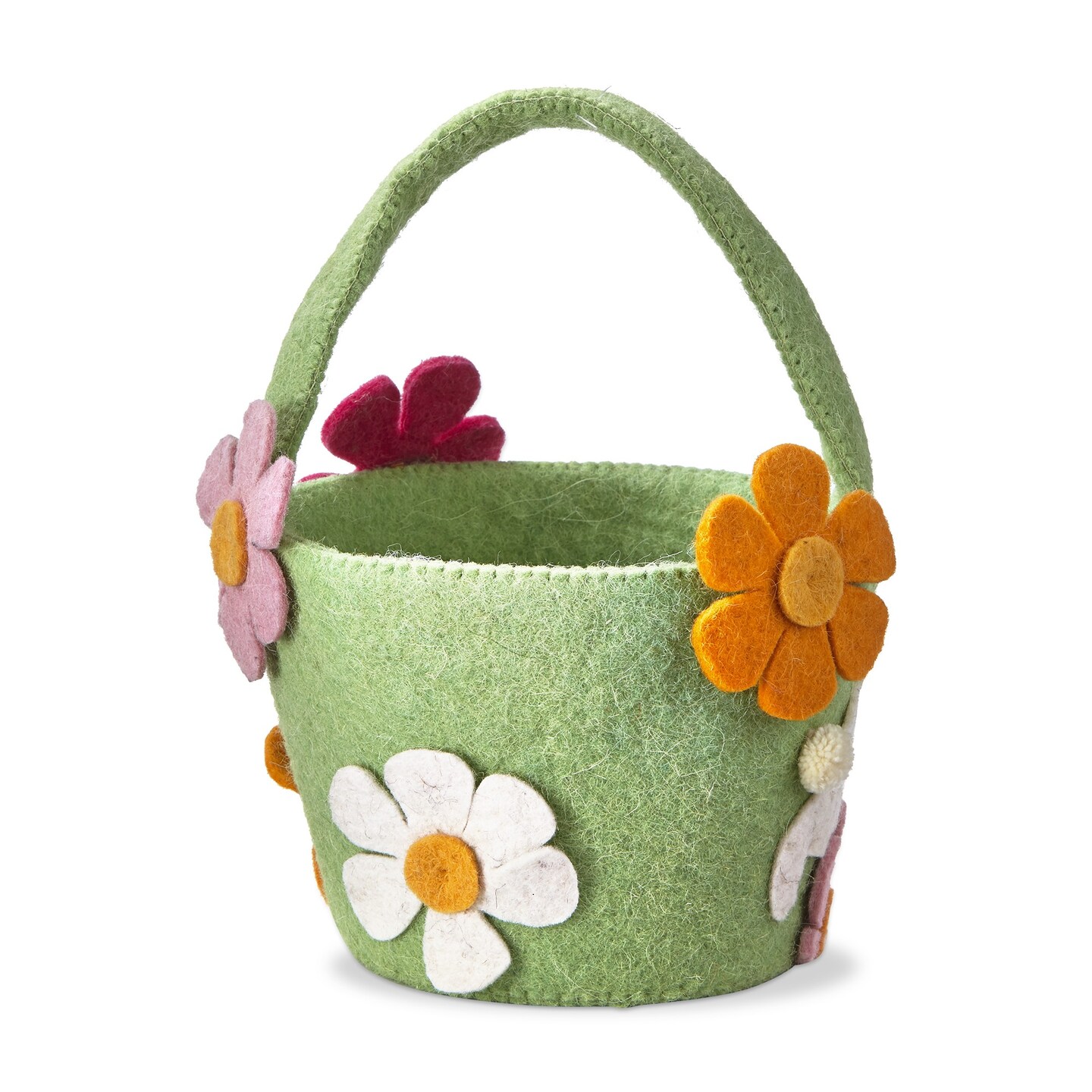 Easter Felt Bunny and Flowers Children's Egg Treat Basket Green, 7L x 8W x 10H Inches
