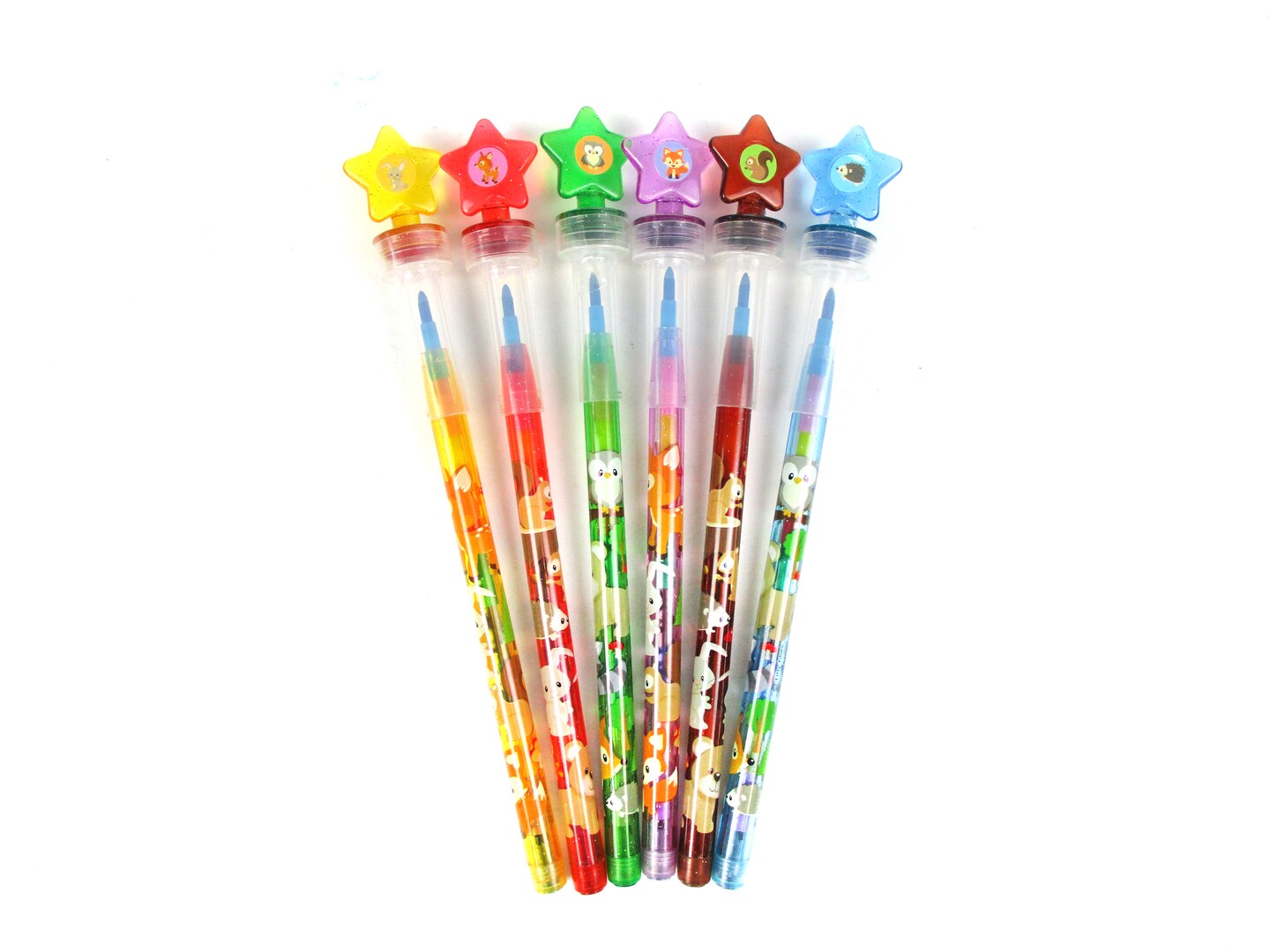 TINYMILLS 24 Pcs Woodland Animals 2 in 1 Stackable Stacking Crayon with Extra Stamper Topper,