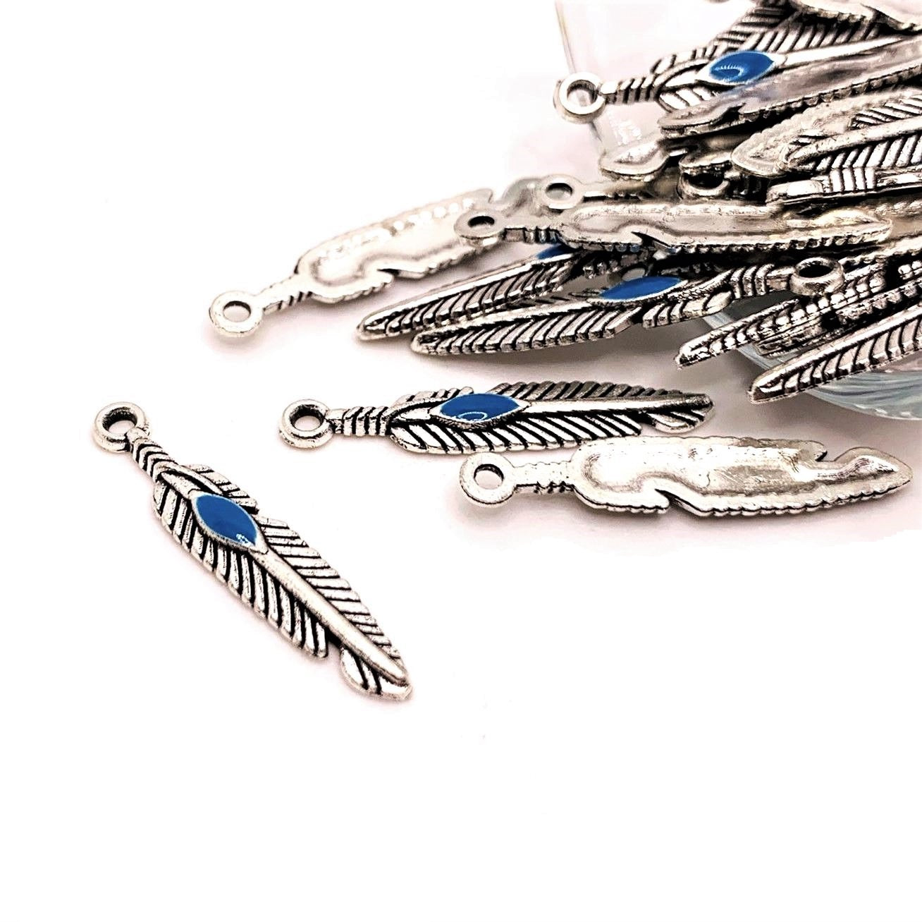 4, 20 or 50 Pieces: Silver Feather Charms with Blue Center