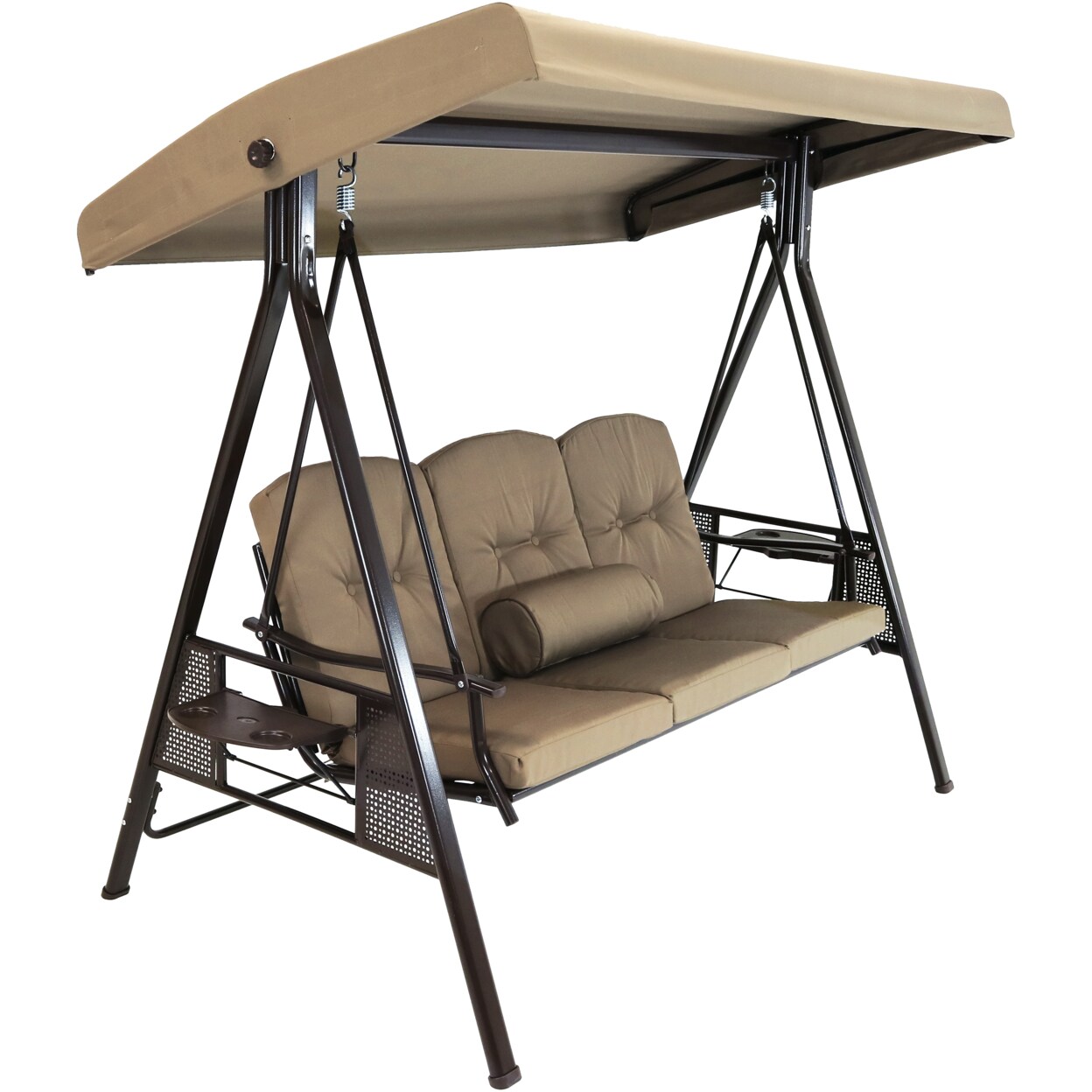 Sunnydaze 3-Person Steel Patio Swing Bench with Side Tables/Canopy - Beige