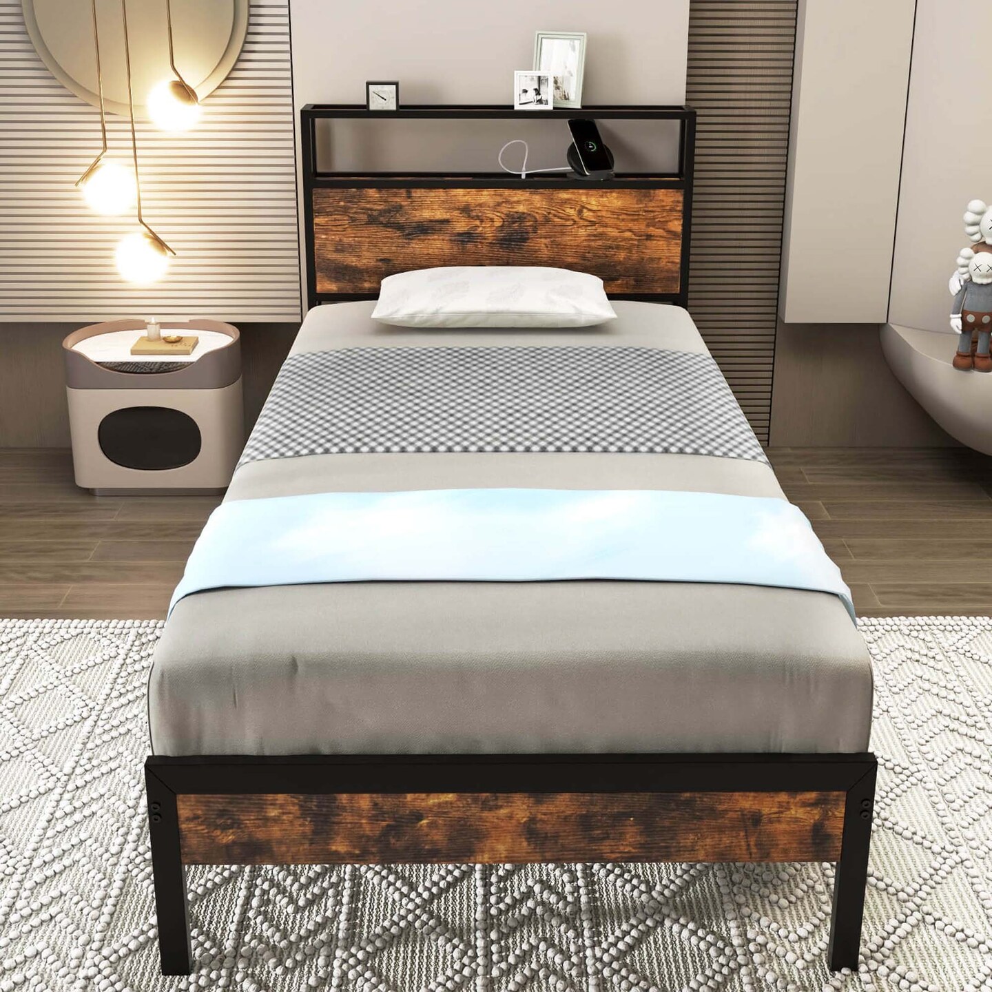 Costway Twin/Full/Queen Bed Frame with Storage Headboard Charging Station 18W USB C Port Rustic Brown