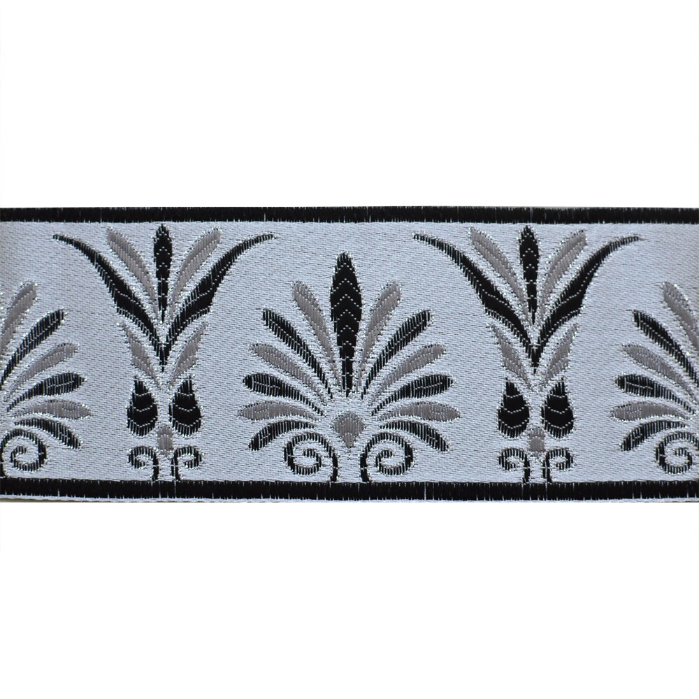 Designer's Shop JL 430 Jacquard metallic black grey Floral Silver ribbon trim, 2-3/8" (60mm) 3 yards