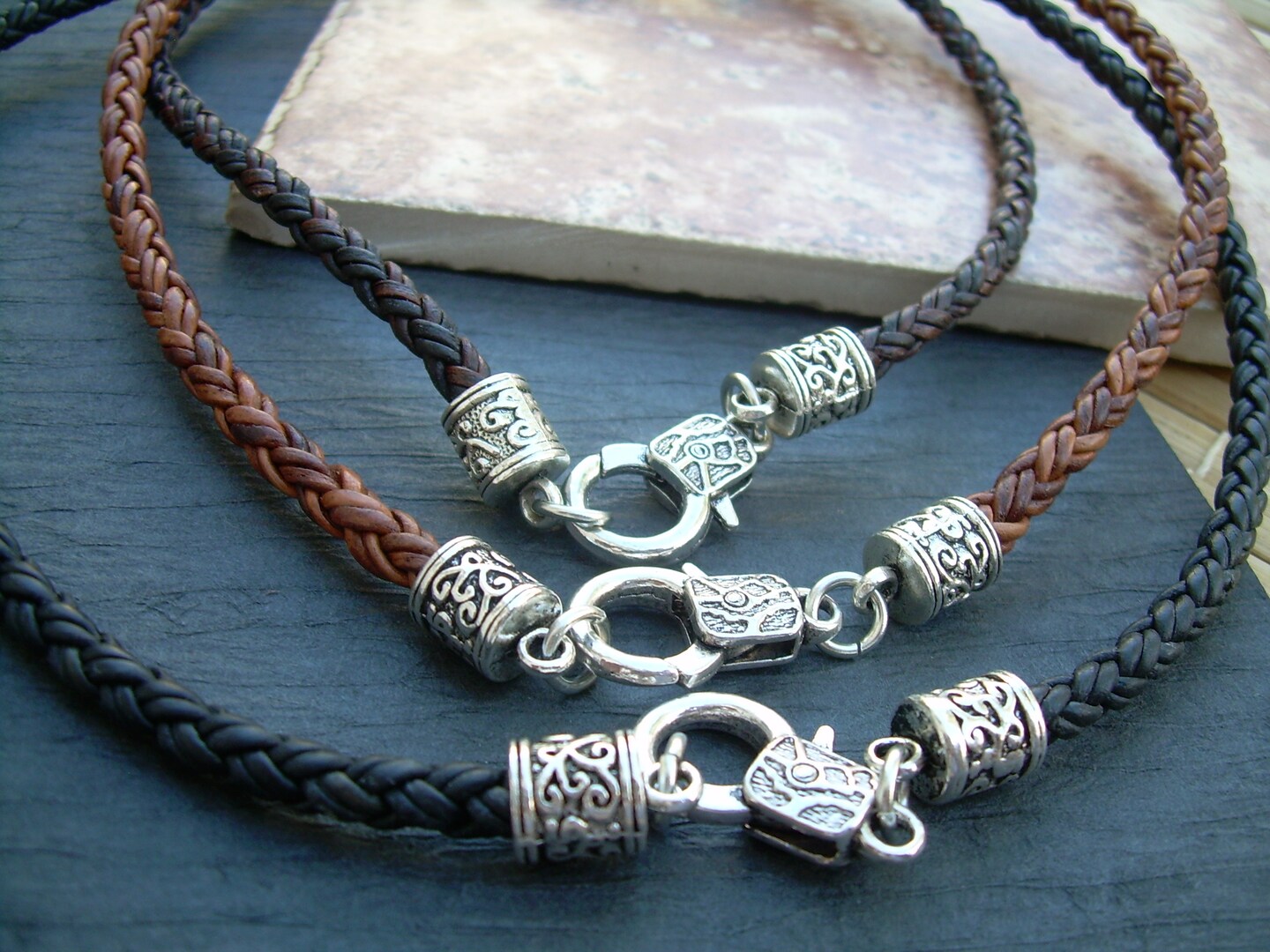 Braided Leather Necklace with Silver Toned Tooled End Caps and