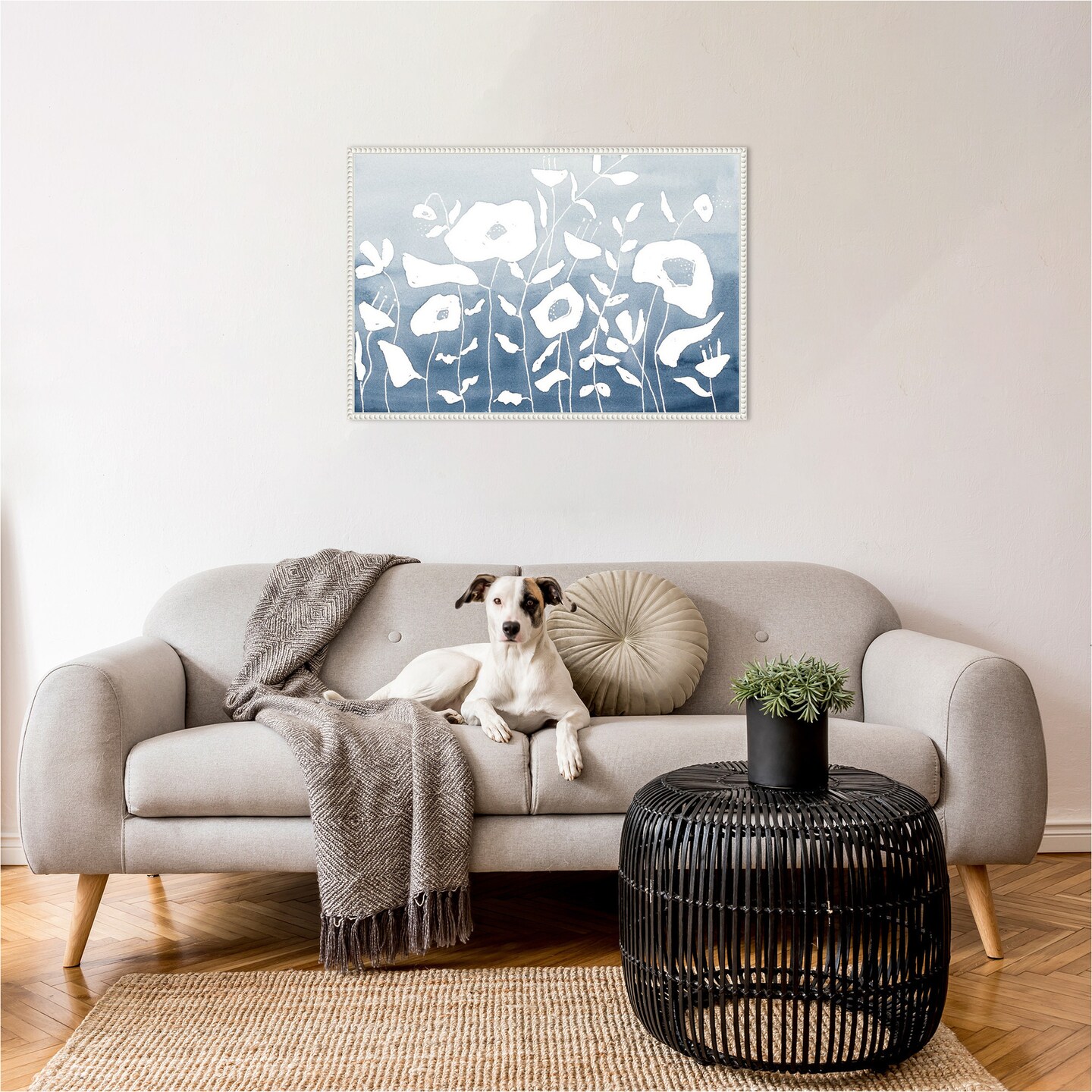 Blue And White Floral Garden by Krinlox Framed Canvas Wall Art