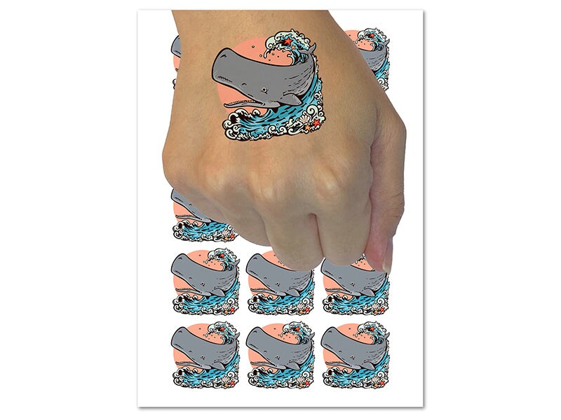 Sperm Whale On Ocean Waves Temporary Tattoo Water Resistant Fake Body Art Set Collection 1 0644