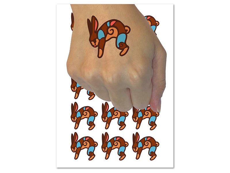 Southwestern Style Tribal Jackrabbit Hare Bunny Temporary Tattoo Water Resistant Fake Body Art Set Collection (1 Sheet)