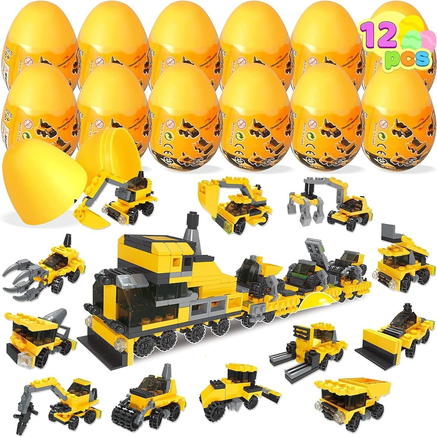 12 Pcs Prefilled Easter Eggs with Construction Vehicles Building Blocks Egg Hunt