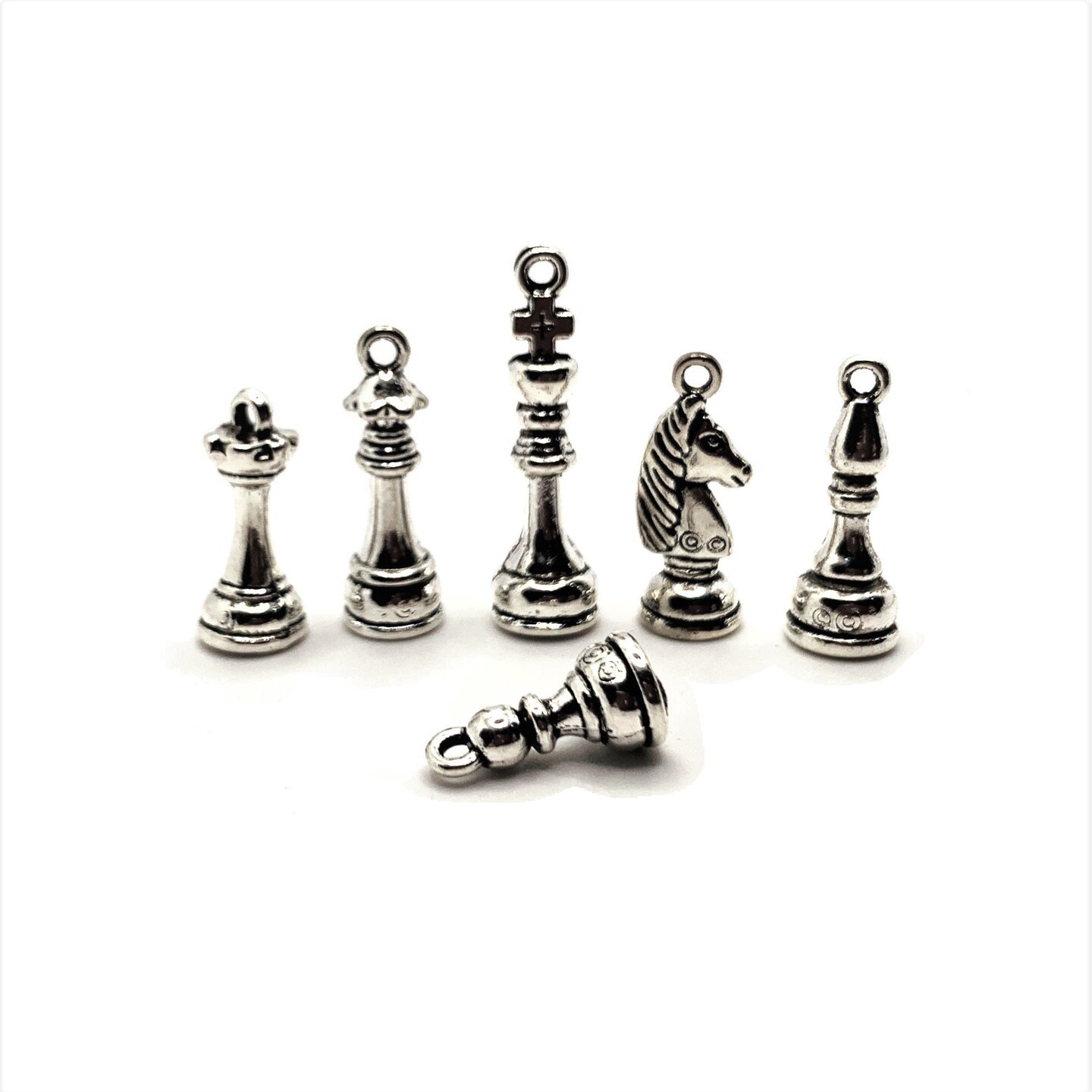 6 Piece Set - Silver Chess Set Piece 3D Charms