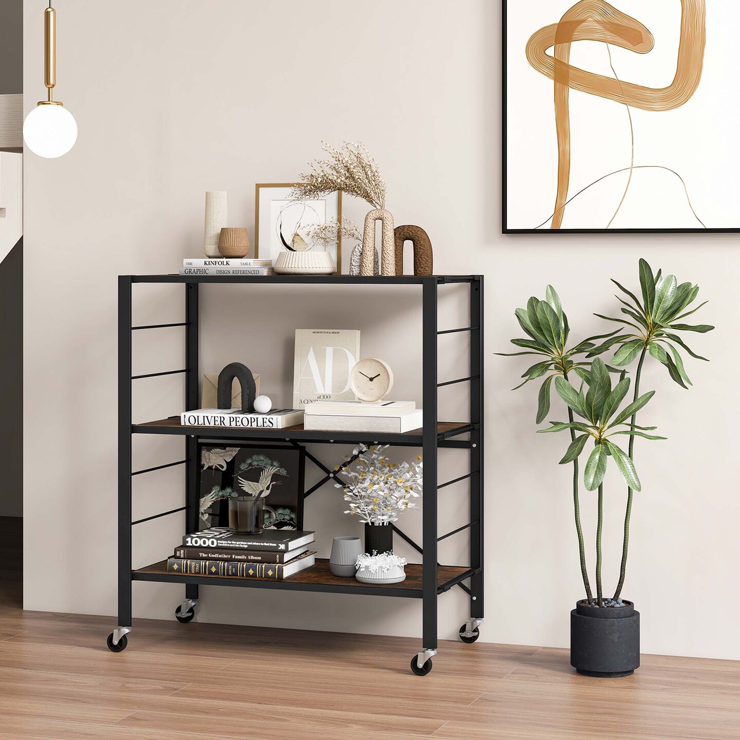 Costway 1/2 PCS 3-Tier Folding Shelf Free DIY Design Shelving Unit with 4 Universal Wheels Kitchen Black