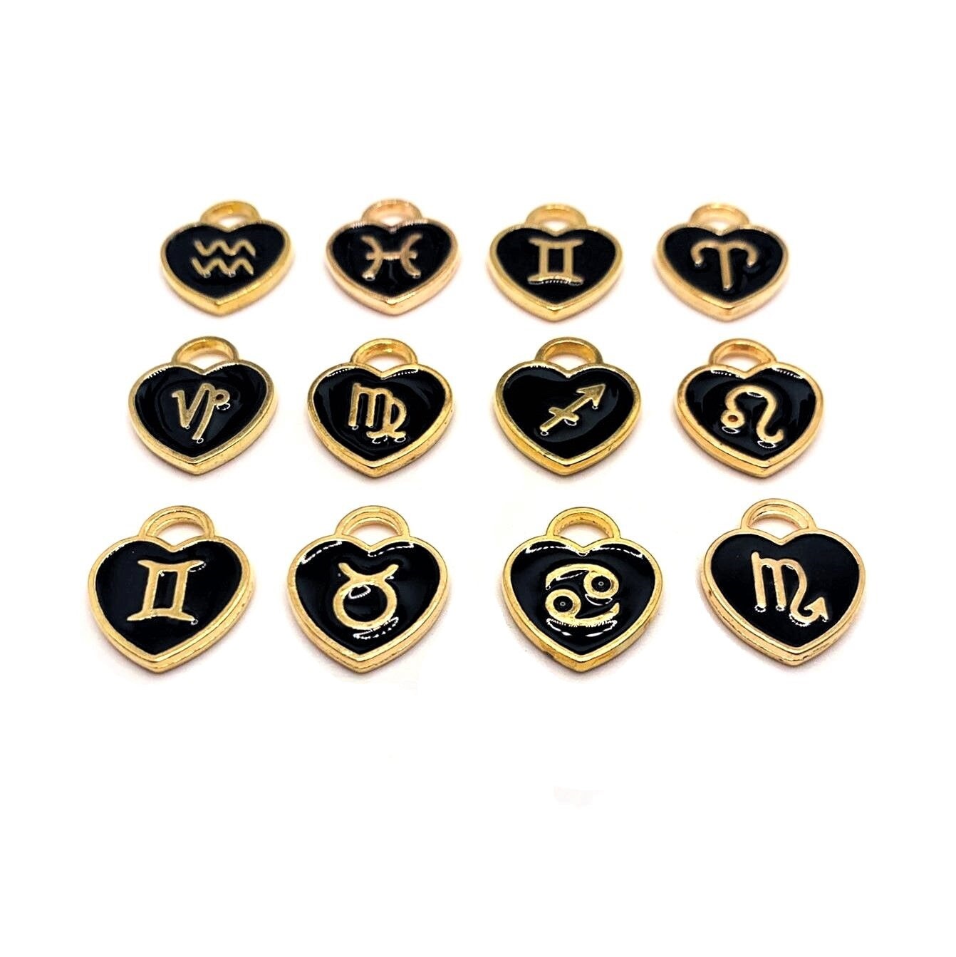 12-or-60-pieces-black-enamel-and-gold-zodiac-astrology-heart-charms