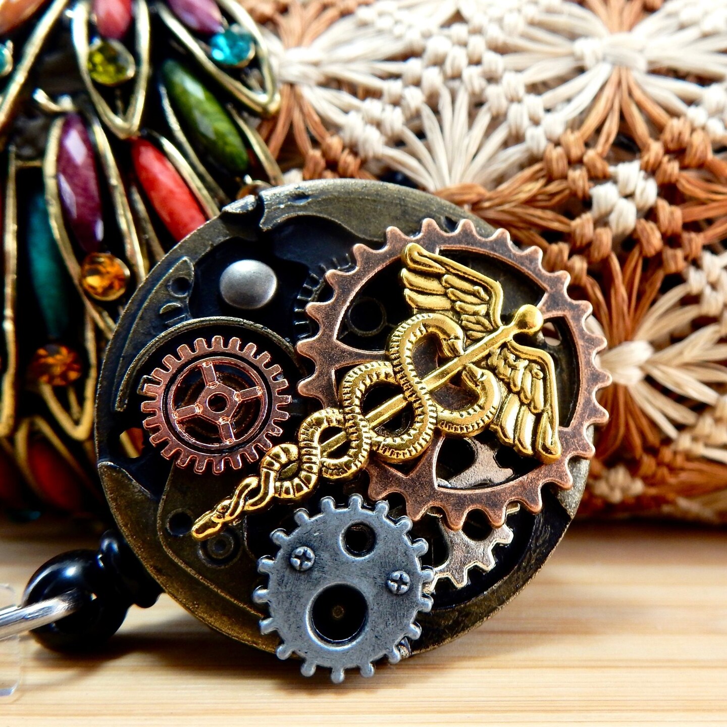 Doctor Badge Reel, Steampunk Caduceus Badge Clip, Retractable