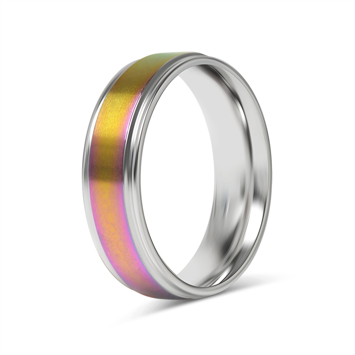 Rainbow Center Polished Edge Stainless Steel Ring | Comfort Fit Rings | Engravable Rings | Wholesale Bulk Rings