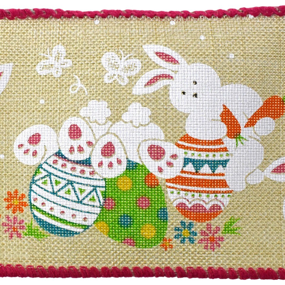 Playful Fun Easter Bunnies Wired Ribbon, 2-1/2-inch, 10-yard, Natural