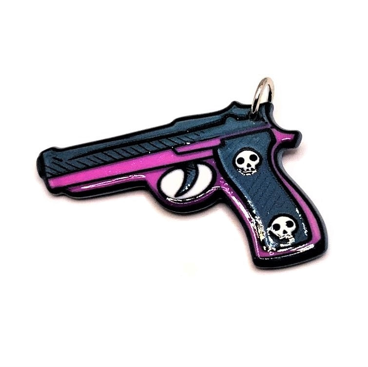 1, 4 or 20 Pieces: Pink Handgun Charm with Skull Handle - Double Sided
