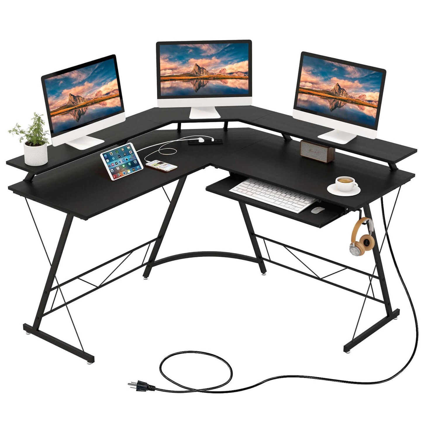 Costway L-shaped Computer Desk with Power Outlet 51" Corner Computer Workstation Rustic Brown/Black