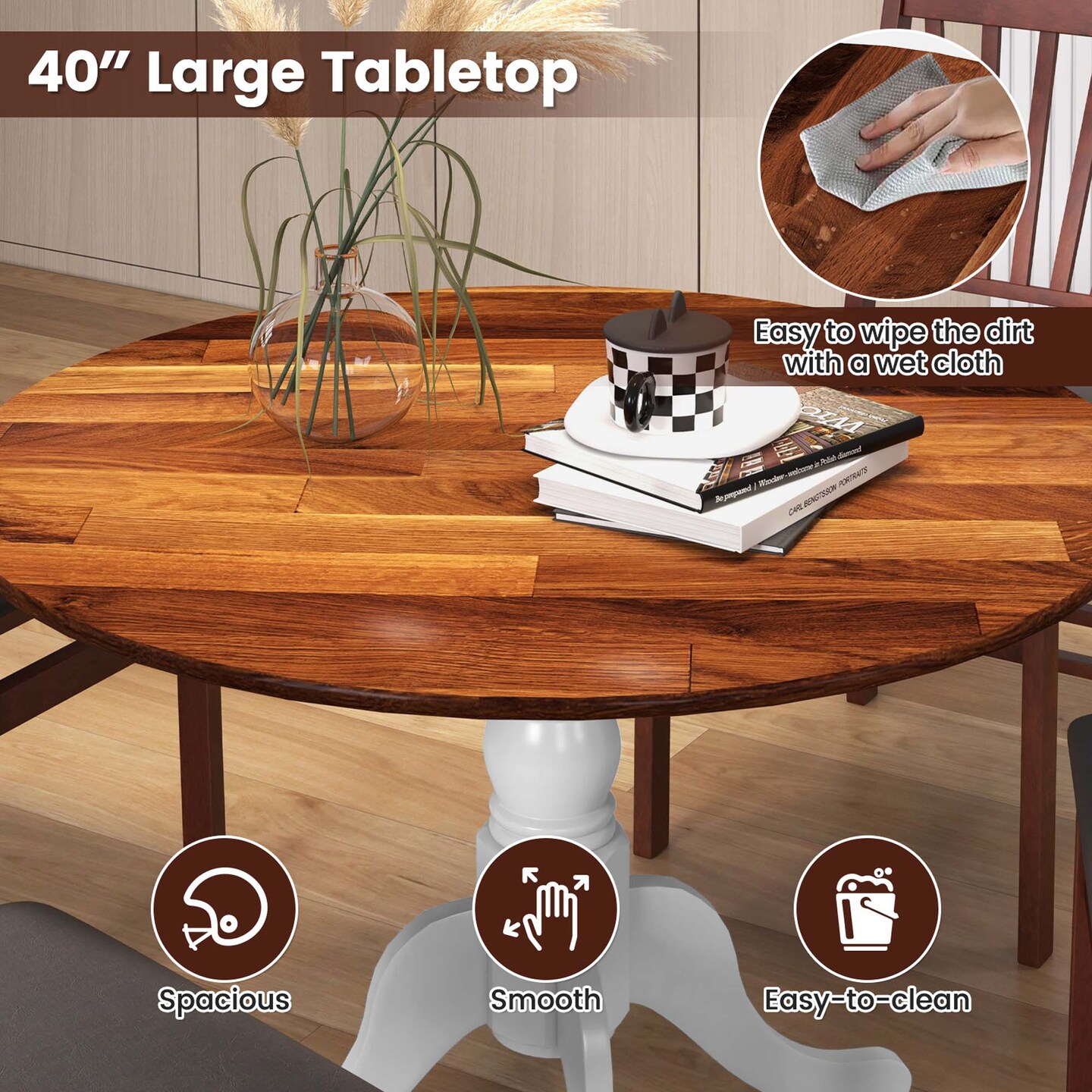 Costway Rustic Dining Table Wooden Dining Table with Round Tabletop & Curved Trestle Legs Natural/Walnut/Black/White/White&Walnut/White&Natural