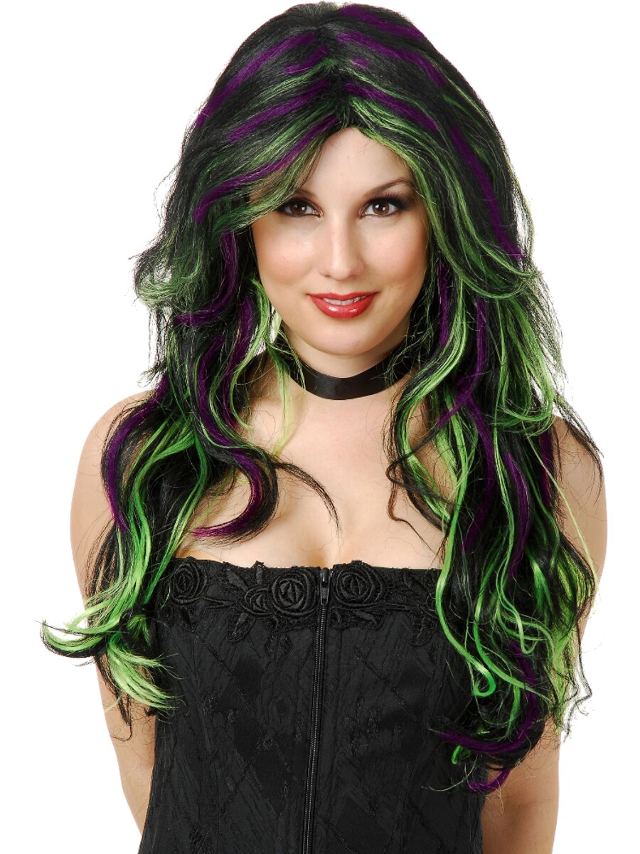 Womens  Black Emerald Witch Costume Wig With Green And Purple Highlights