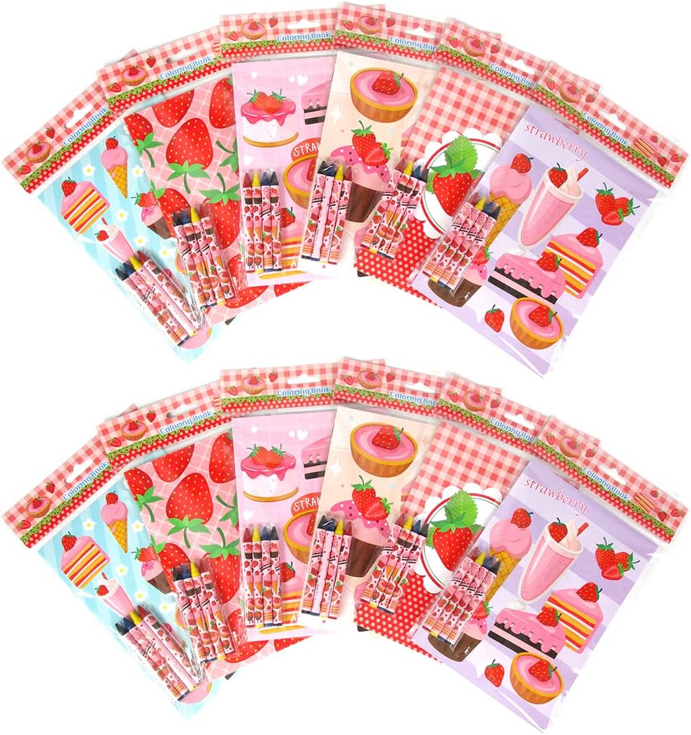 TINYMILLS Strawberry Coloring Book Set with 12 Coloring Books and 48 Crayons
