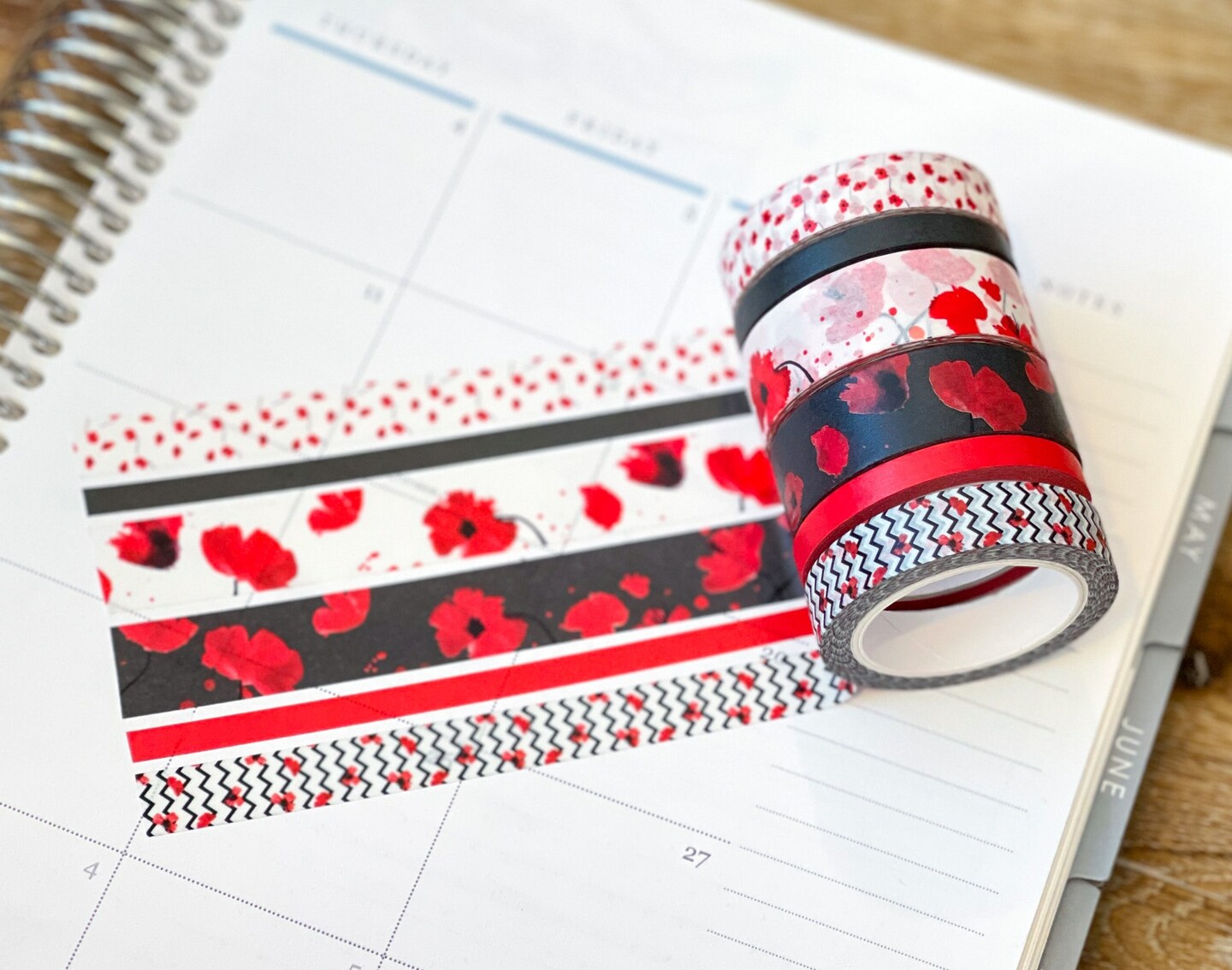 Poppies Red & Black Flowers Valentines Day Washi Tape Set (#W051)