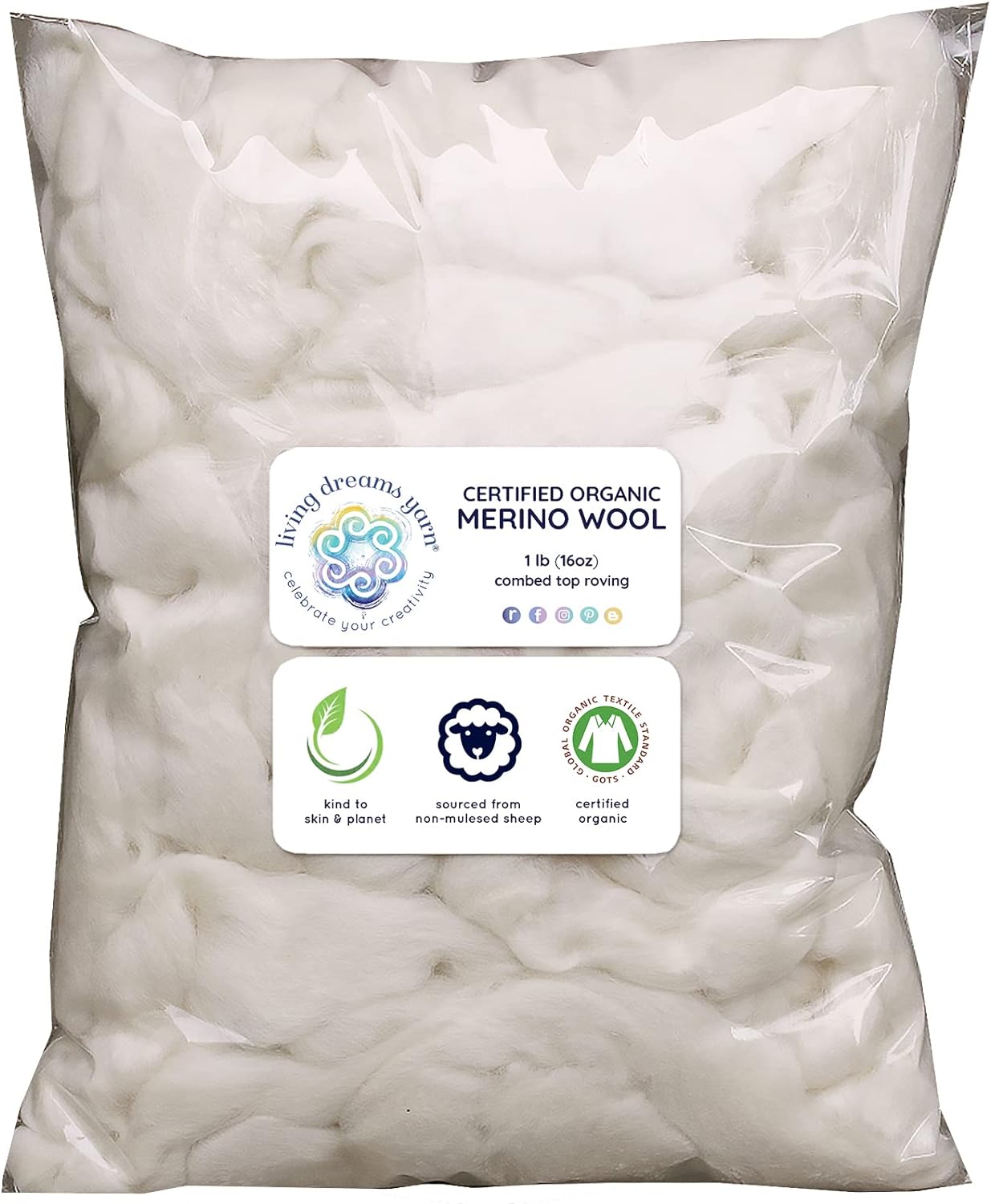 CERTIFIED ORGANIC MERINO Wool Roving. Ethically &#x26; Responsibly Sourced Combed Top Fiber. Spinning, Felting, Filling - 1 lb Bag, Natural White
