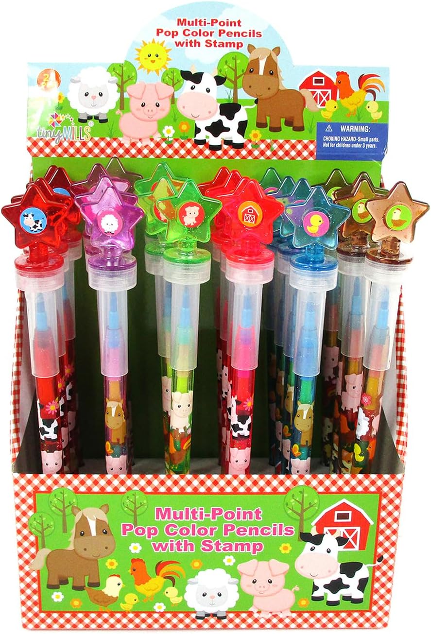 TINYMILLS 24 Pcs Farm Animals 2 in 1 Stackable Stacking Crayon with Extra Stamper Topper,