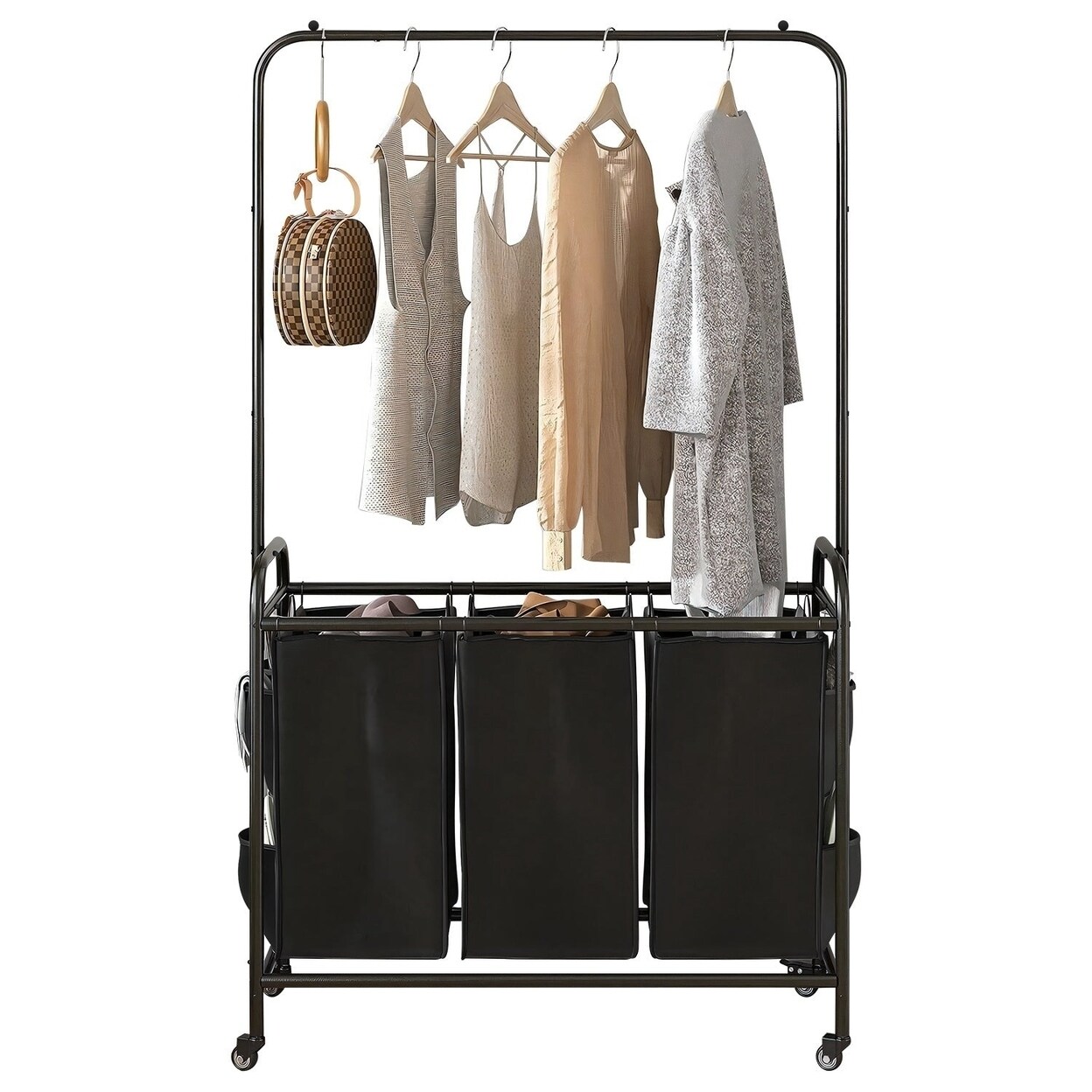 3 Bags Laundry Sorter With Garment Hanging Bar Laundry Hamper Rolling Cart Laundry Basket Organizer With Lockable Wheels