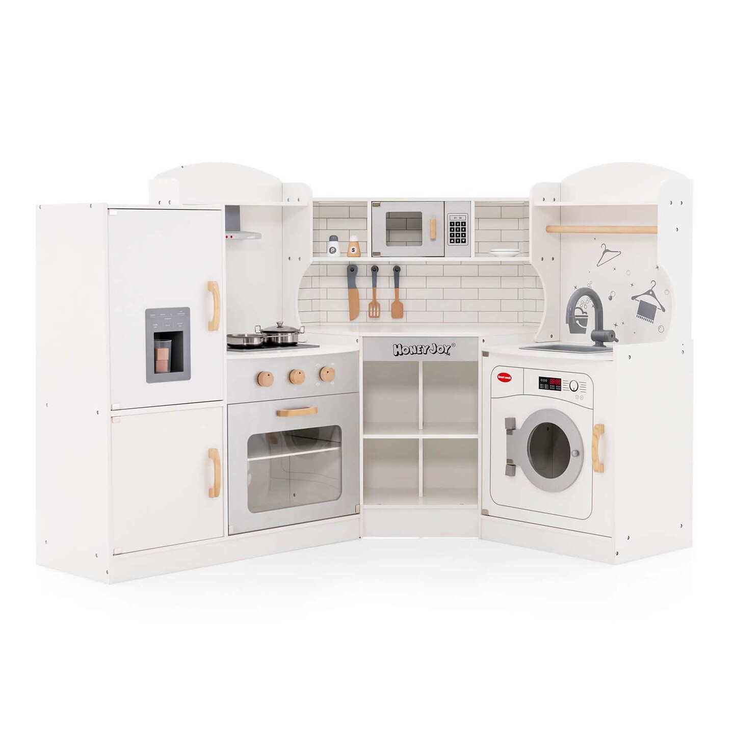 Honeyjoy Corner Play Kitchen Toddler Kitchen Playset with Range Hood, Ice Maker, Microwave