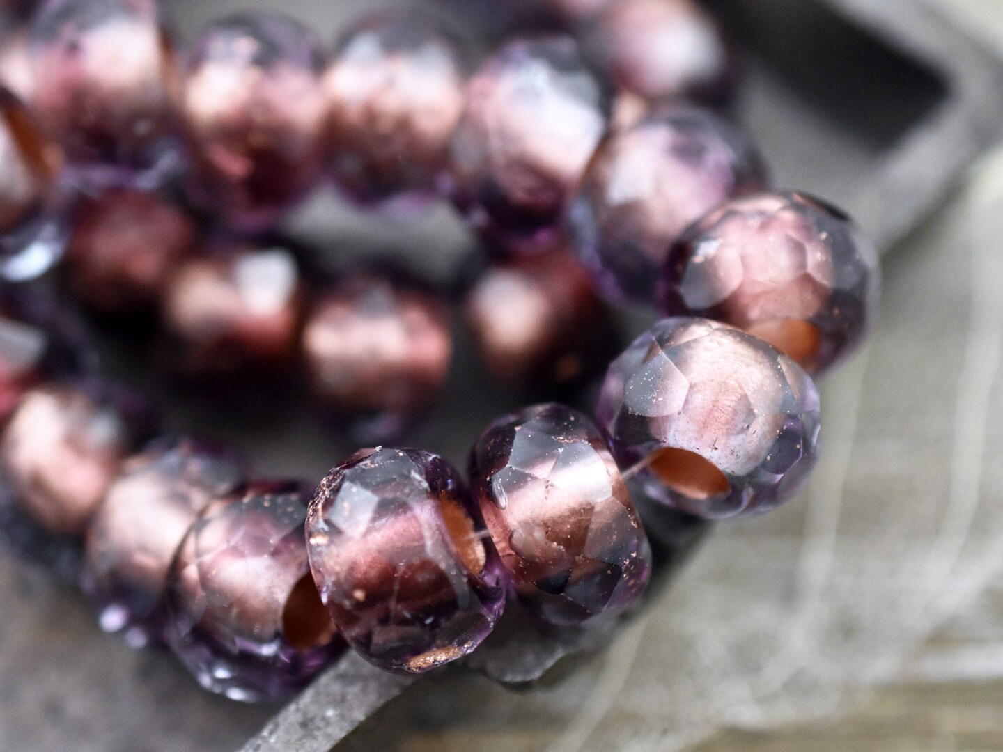 *15* 7x12mm Copper Lined Amethyst Fire Polished Large Hole Rondelle Beads
