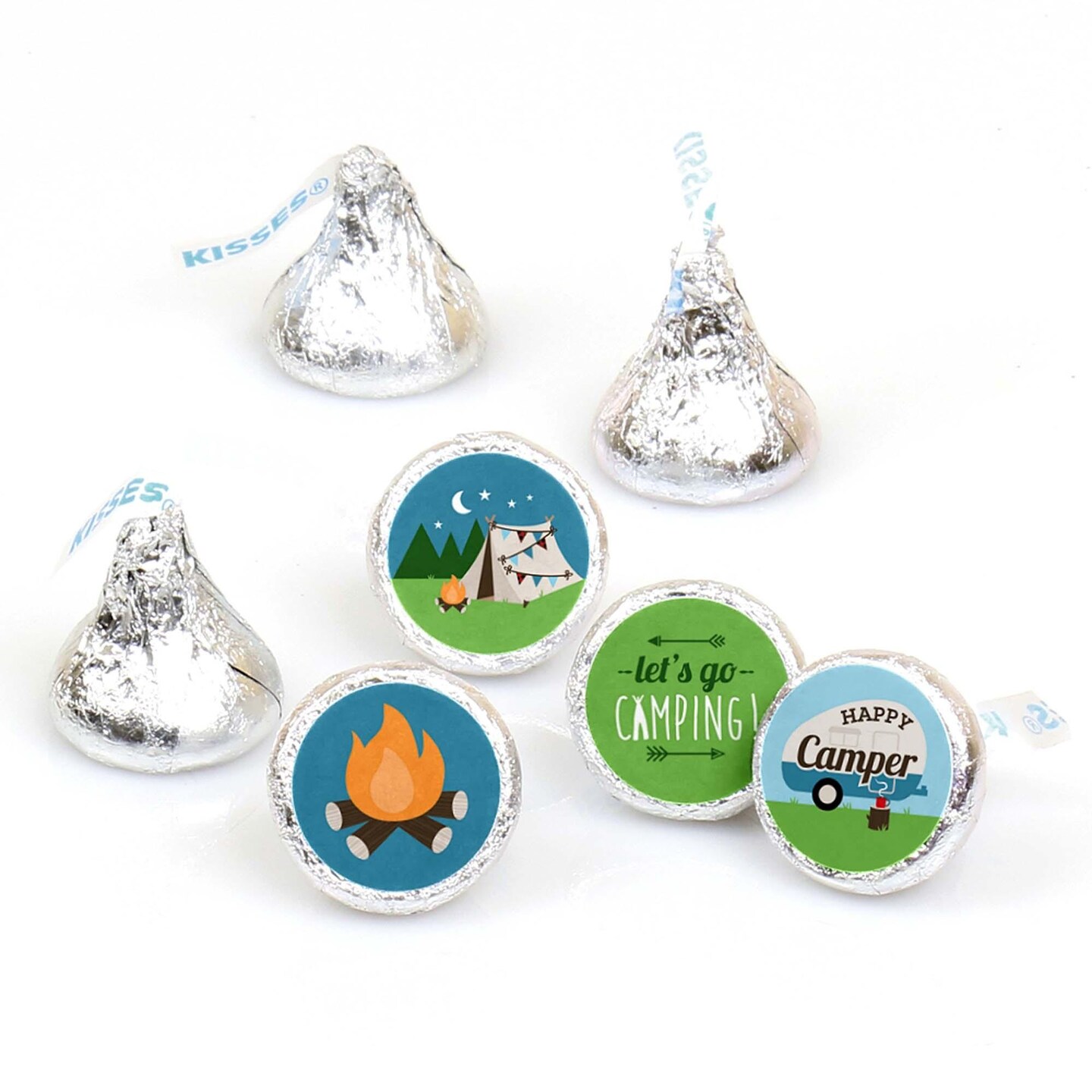 Big Dot of Happiness Happy Camper - Camping Baby Shower or Birthday Party Round Candy Sticker Favors - Labels Fits Chocolate Candy (1 sheet of 108)