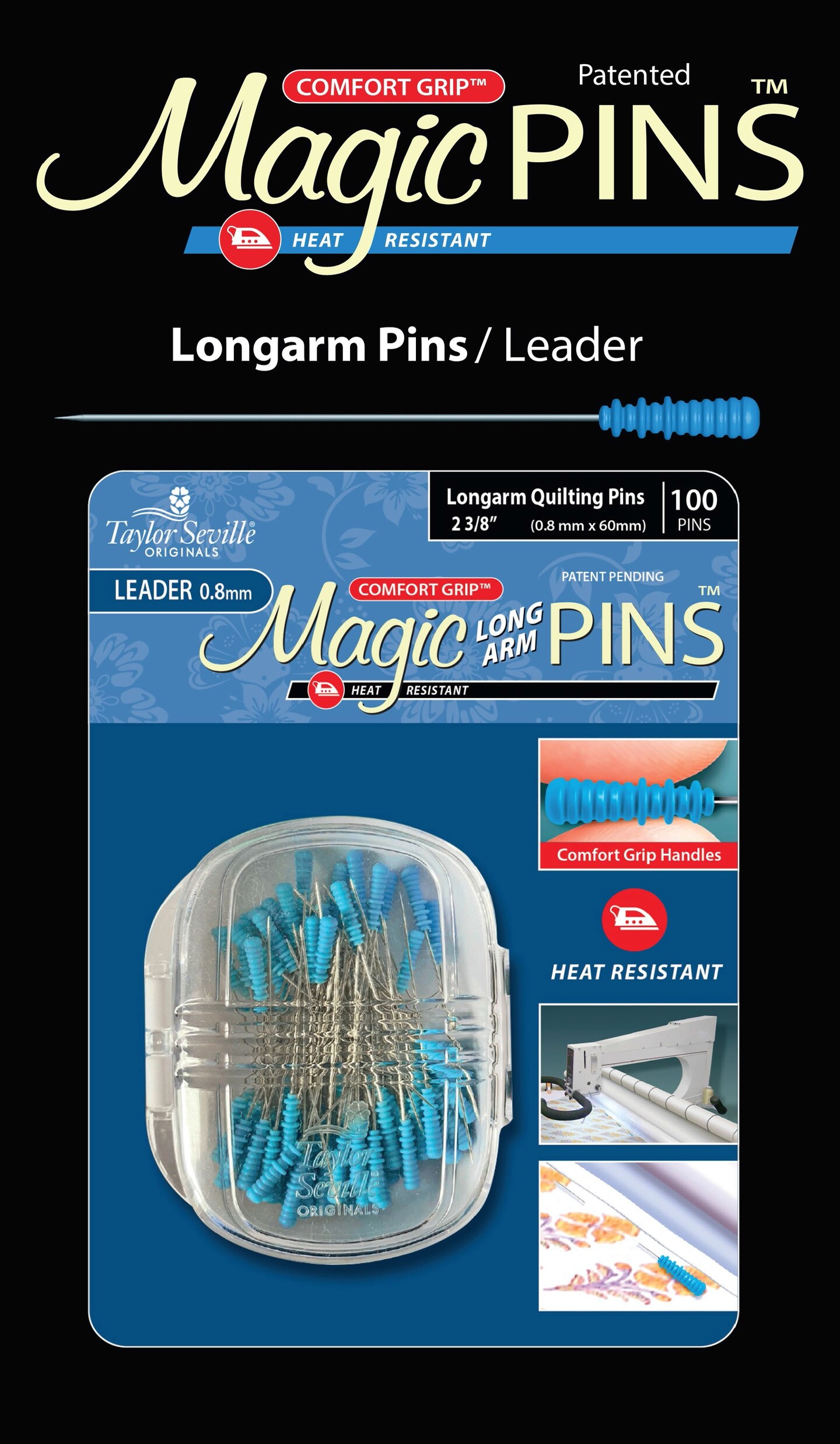 Taylor Seville Magic Pins - Long Arm Leader Blue 100/PKG