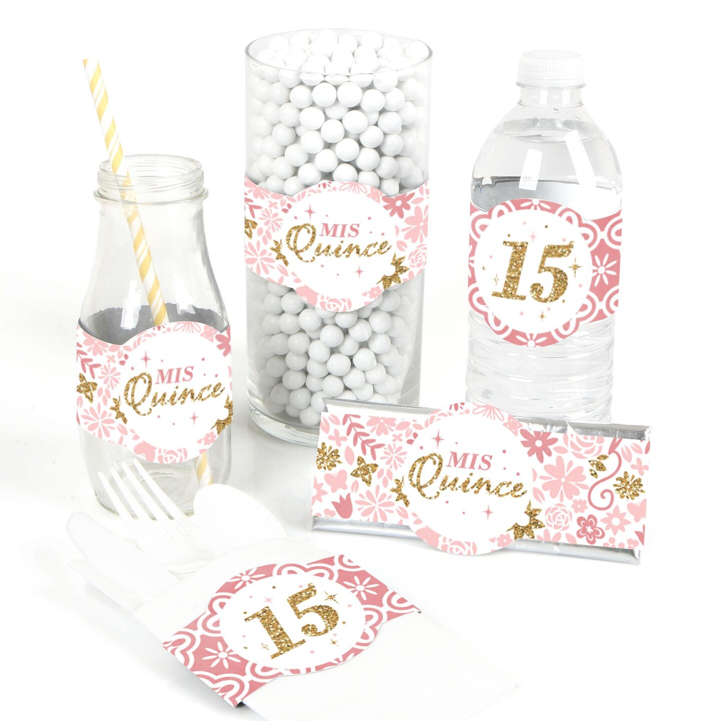 Big Dot of Happiness Mis Quince Anos - DIY Party Supplies - Quinceanera Sweet 15 Birthday Party DIY Wrapper Favors and Decorations - Set of 15